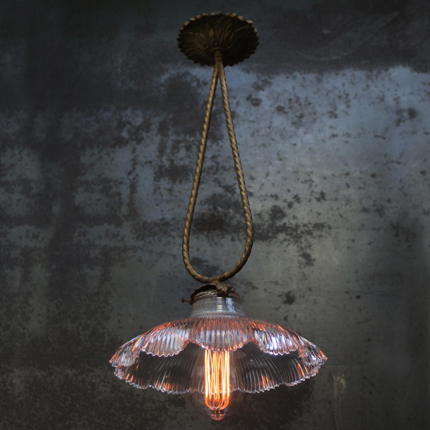 20th Century Holophane Glass Vintage Brass Pendant Light