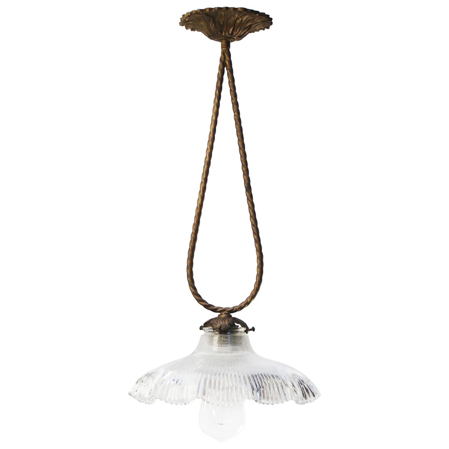 Holophane Glass Vintage Brass Pendant Light 2