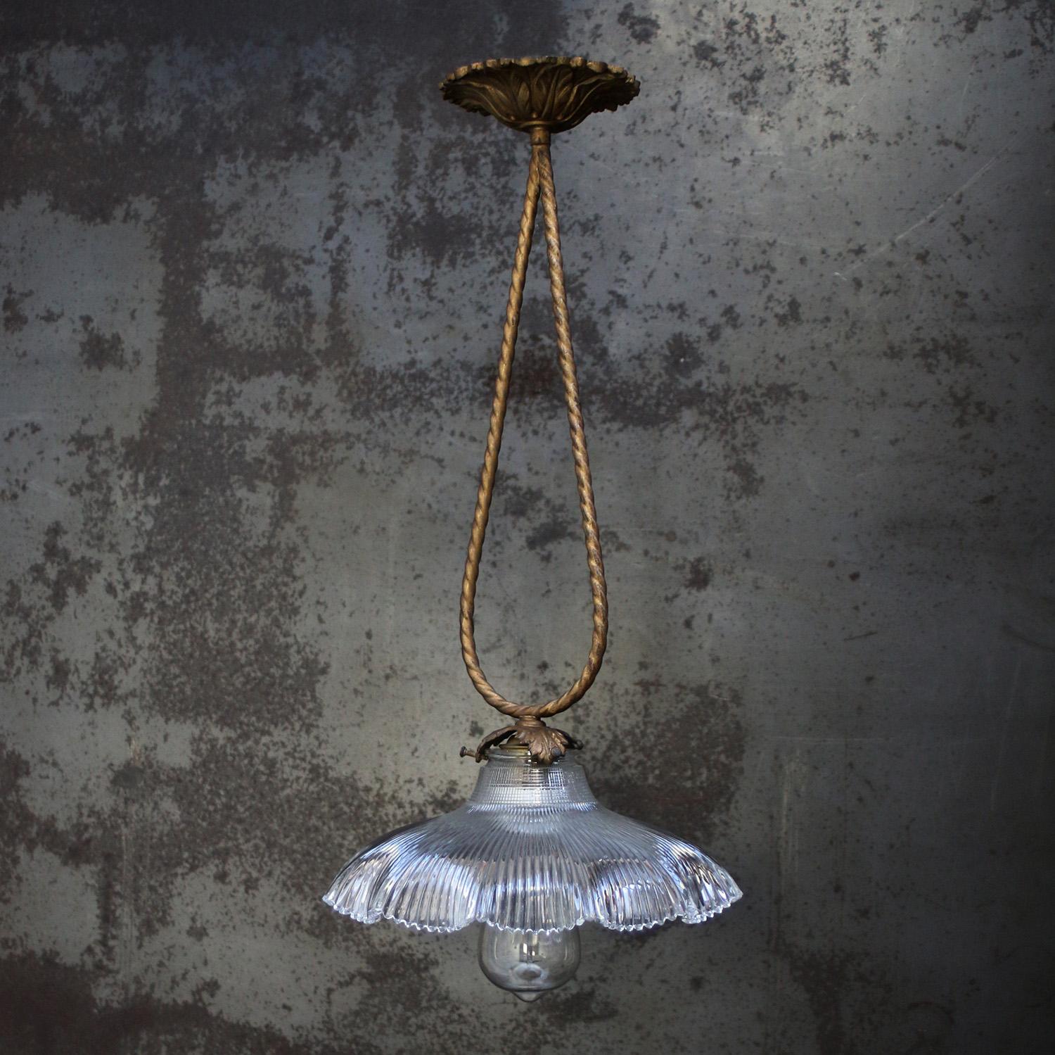 Holophane Glass Vintage Brass Pendant Light 3