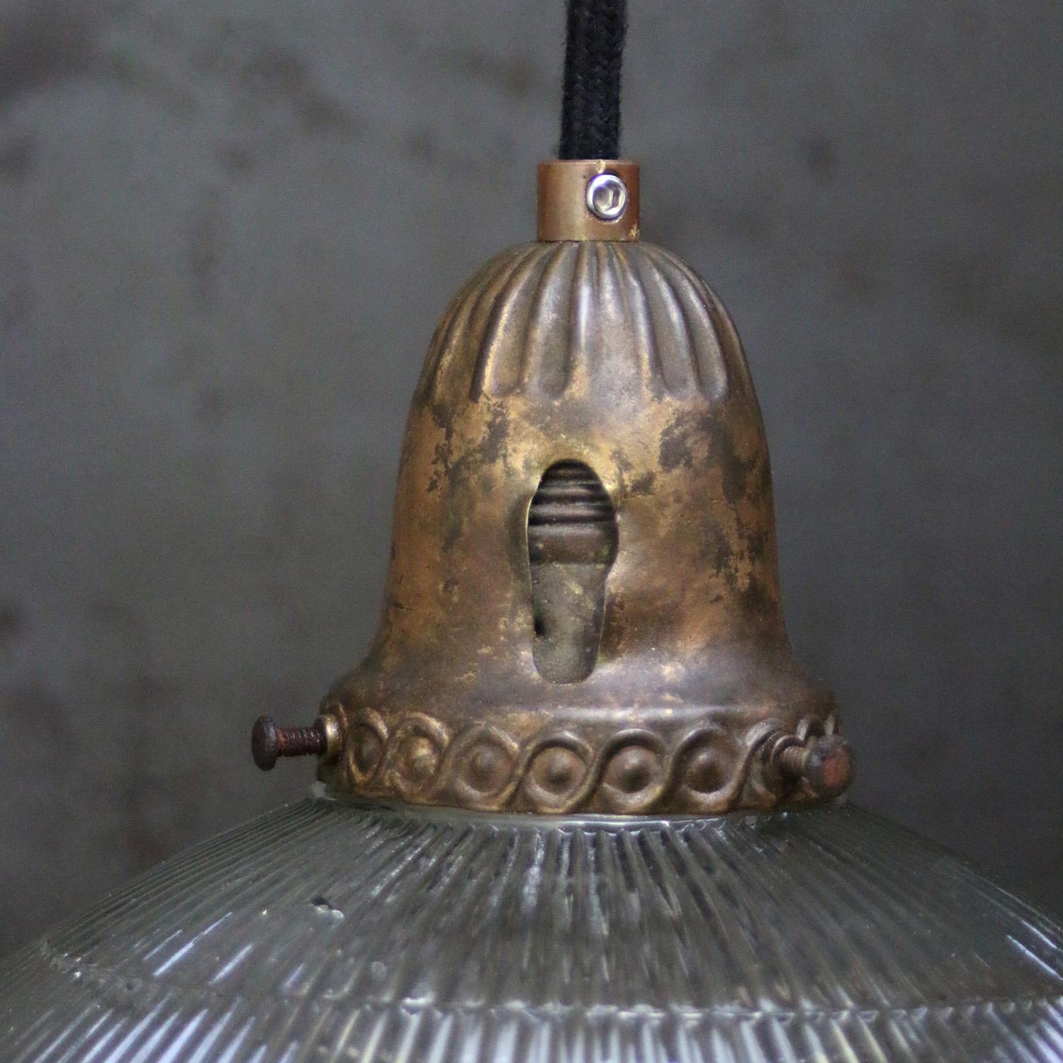 Industrial Holophane Glass Vintage Brass Pendant Light