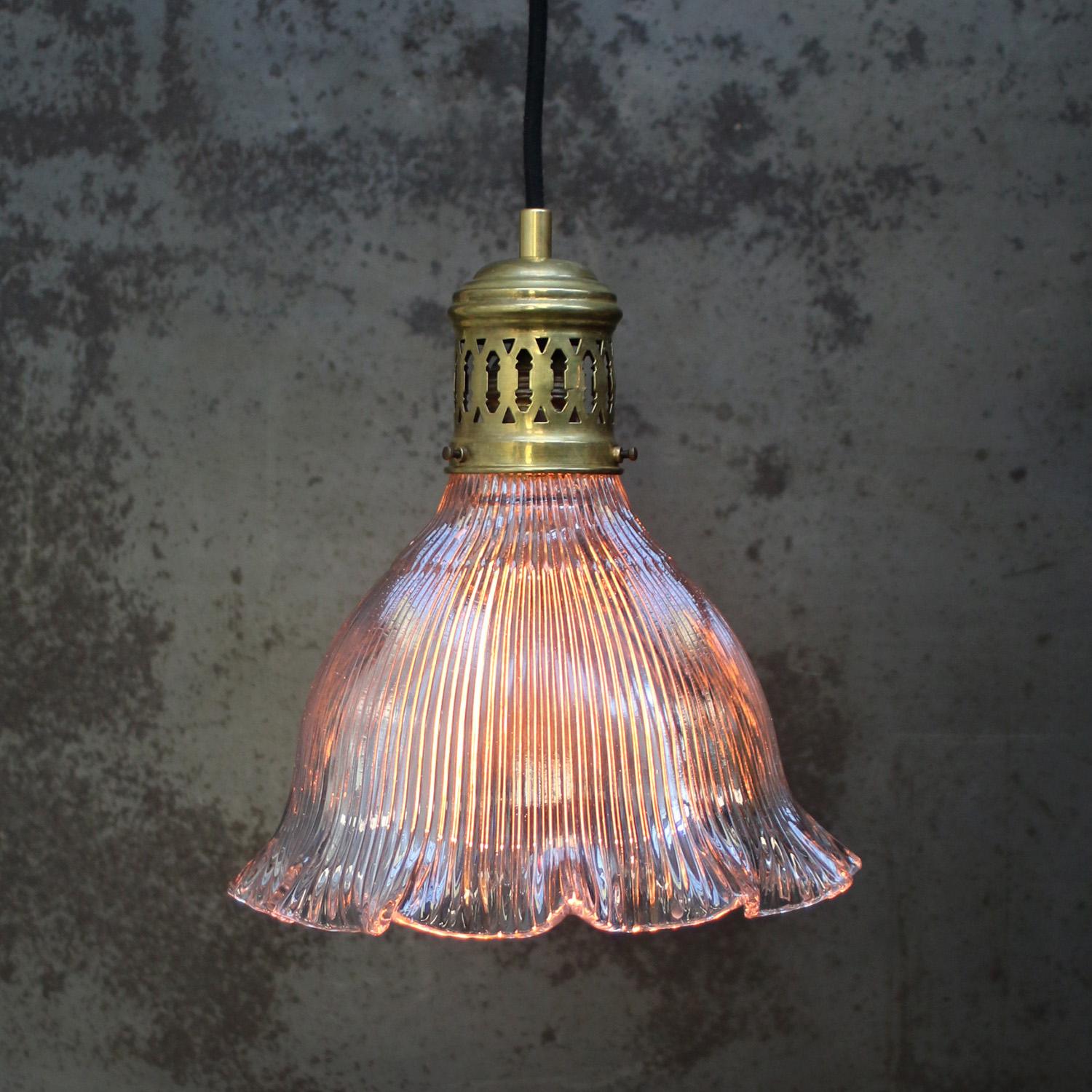 Industrial Holophane Glass Vintage Brass Pendant Lights