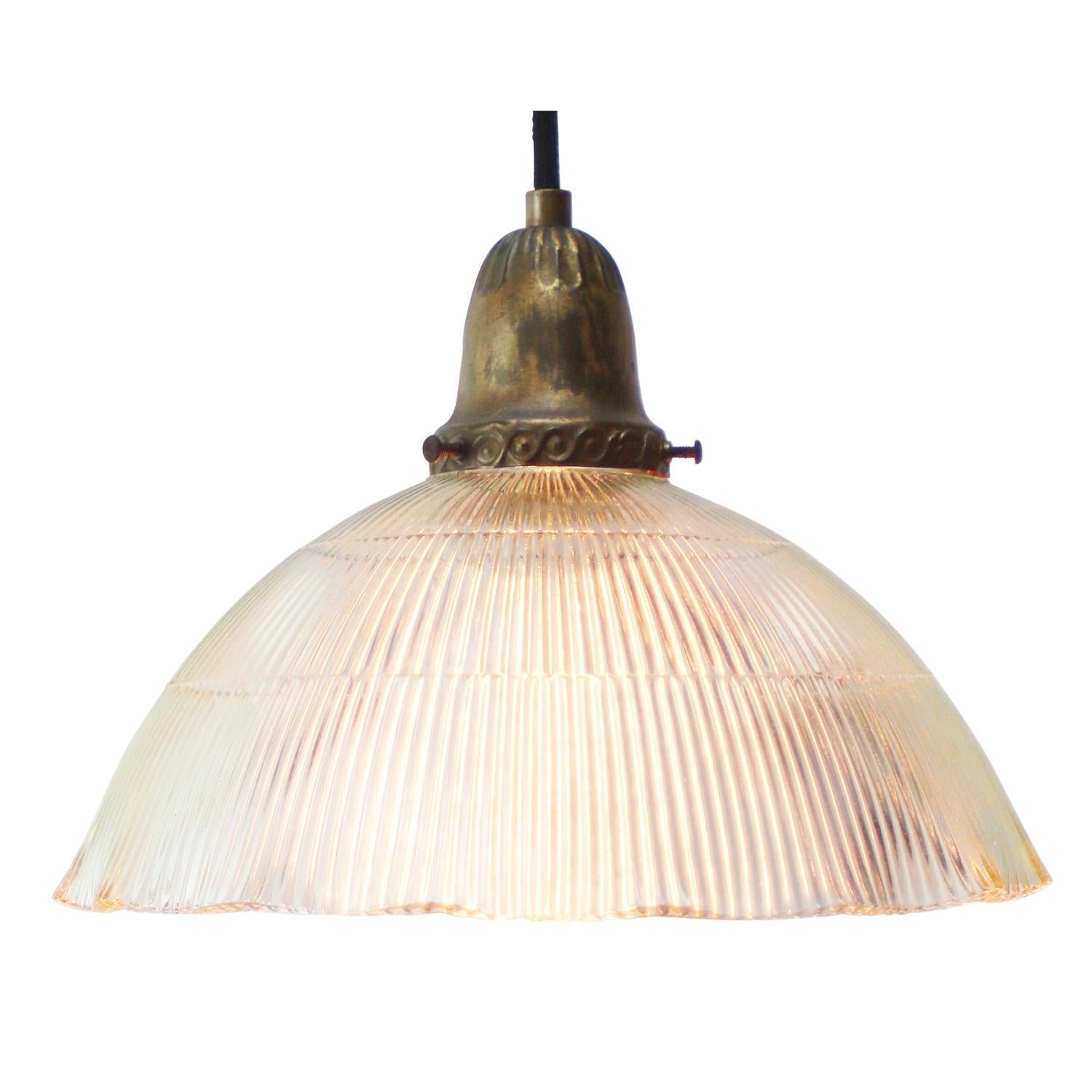 French Holophane Glass Vintage Brass Pendant Light