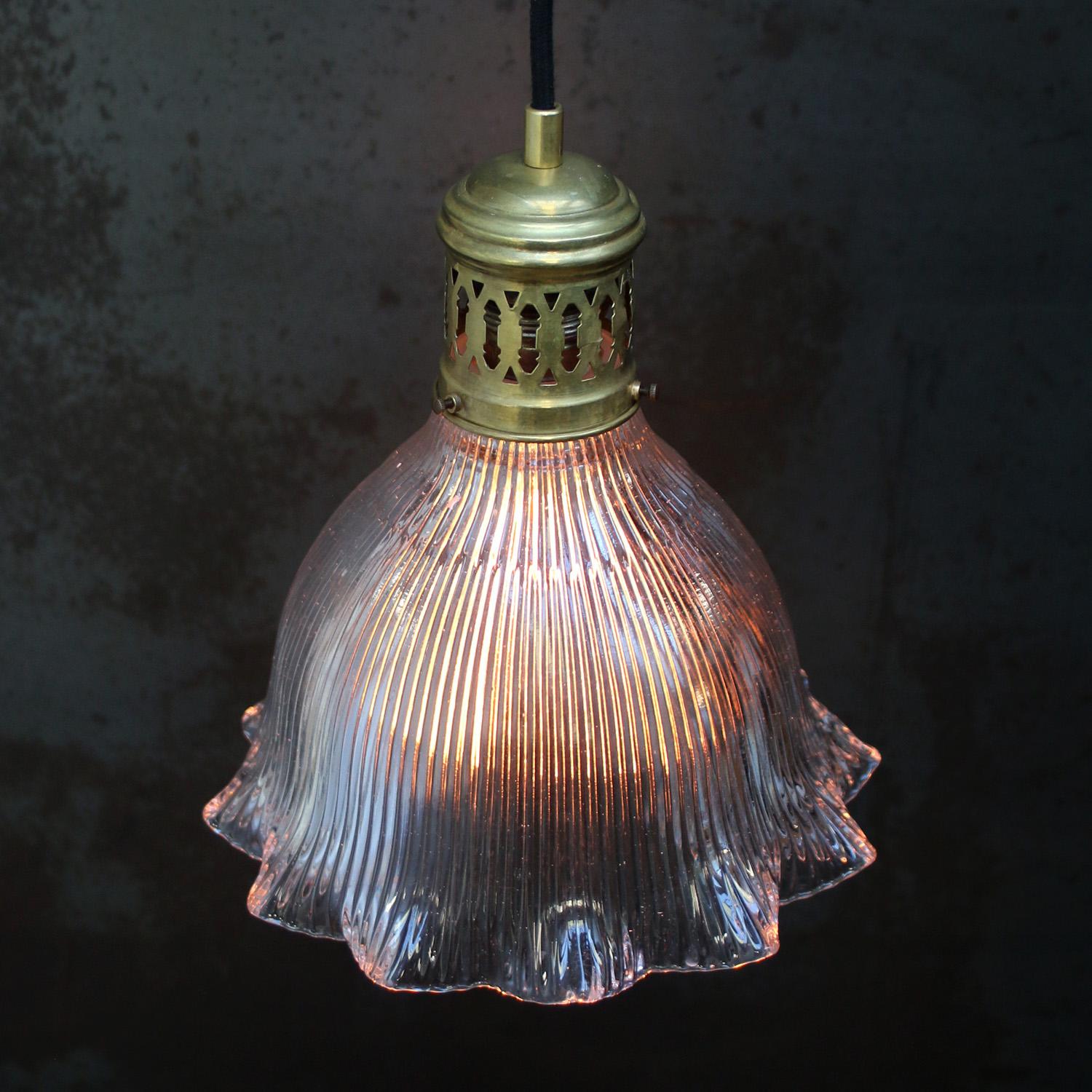 French Holophane Glass Vintage Brass Pendant Lights