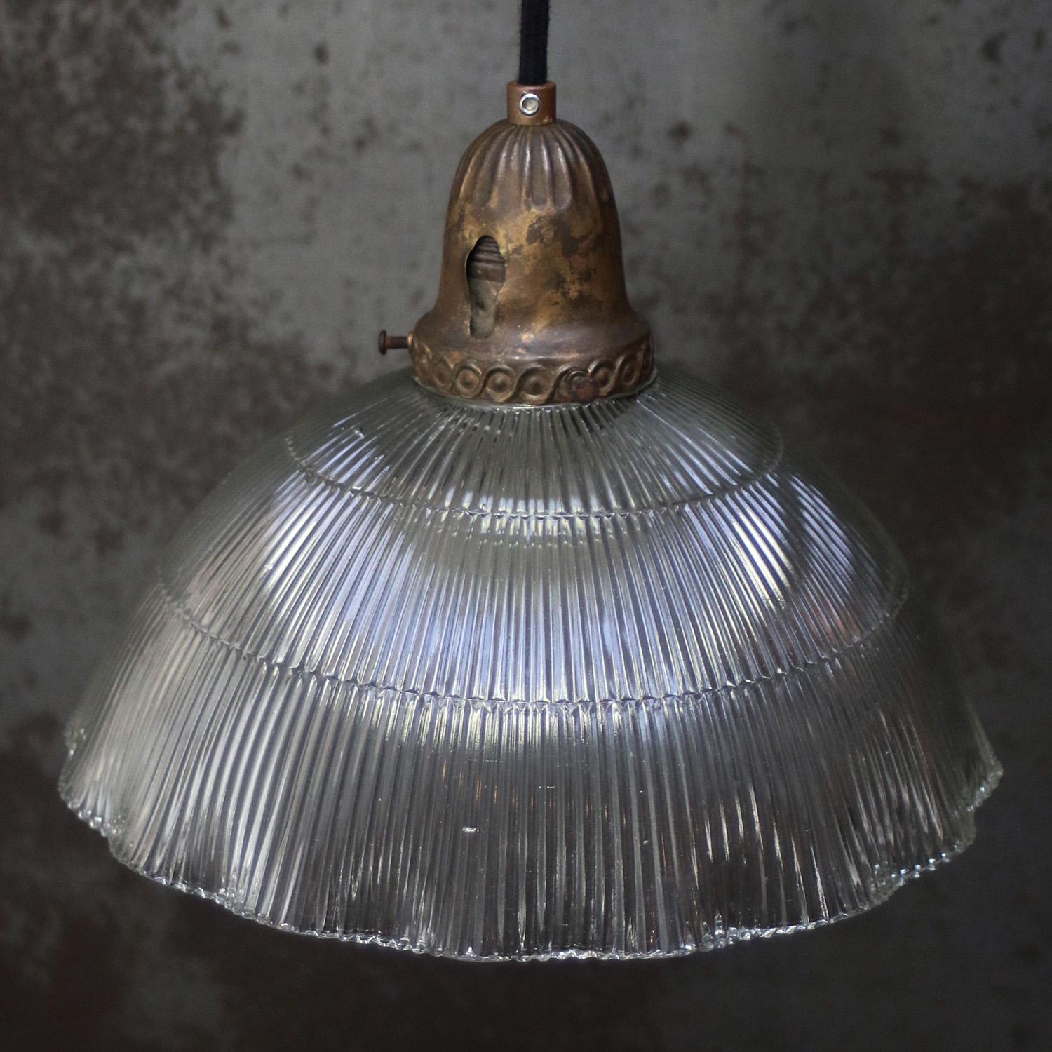 Holophane Glass Vintage Brass Pendant Light In Good Condition In Amsterdam, NL