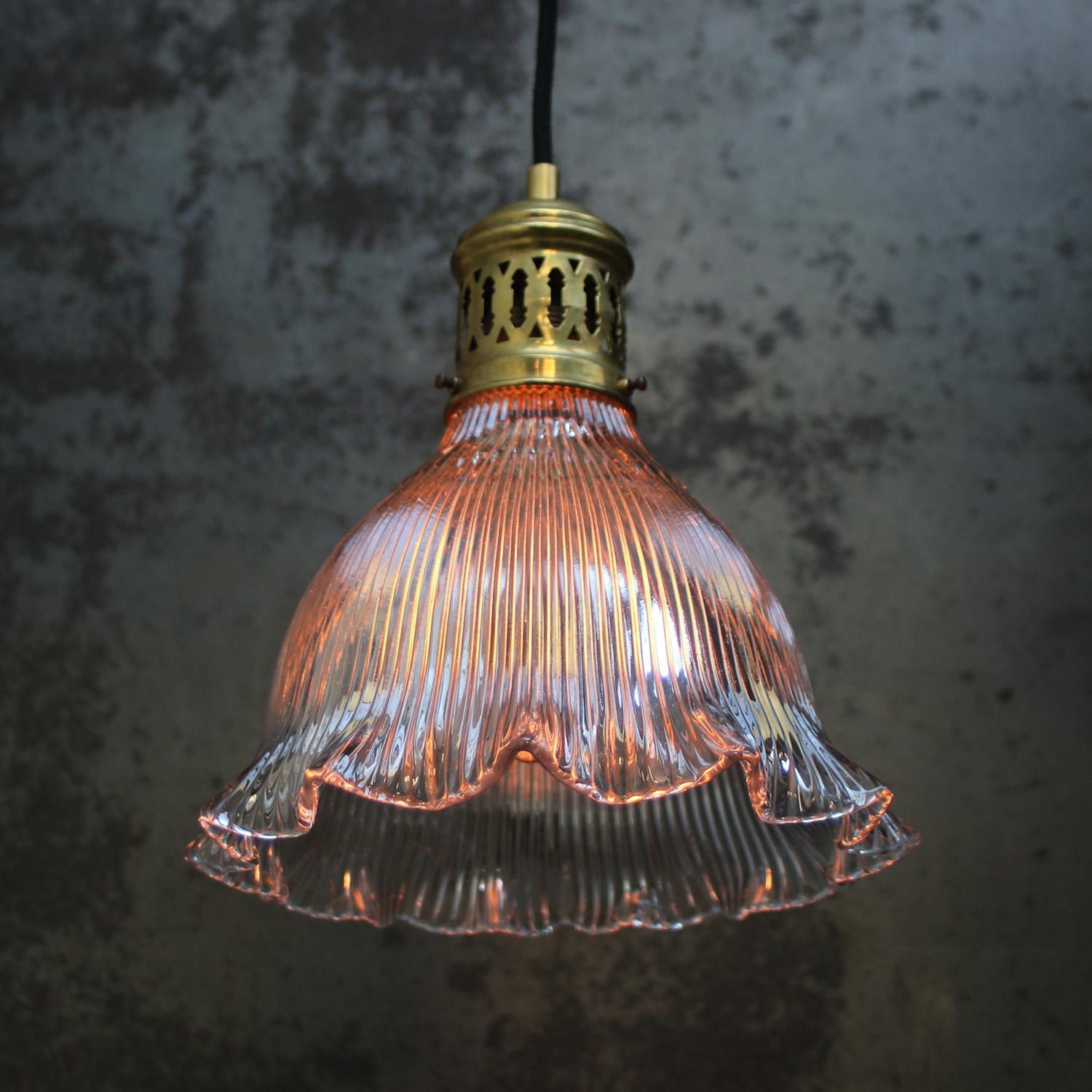 Holophane Glass Vintage Brass Pendant Lights In Good Condition In Amsterdam, NL