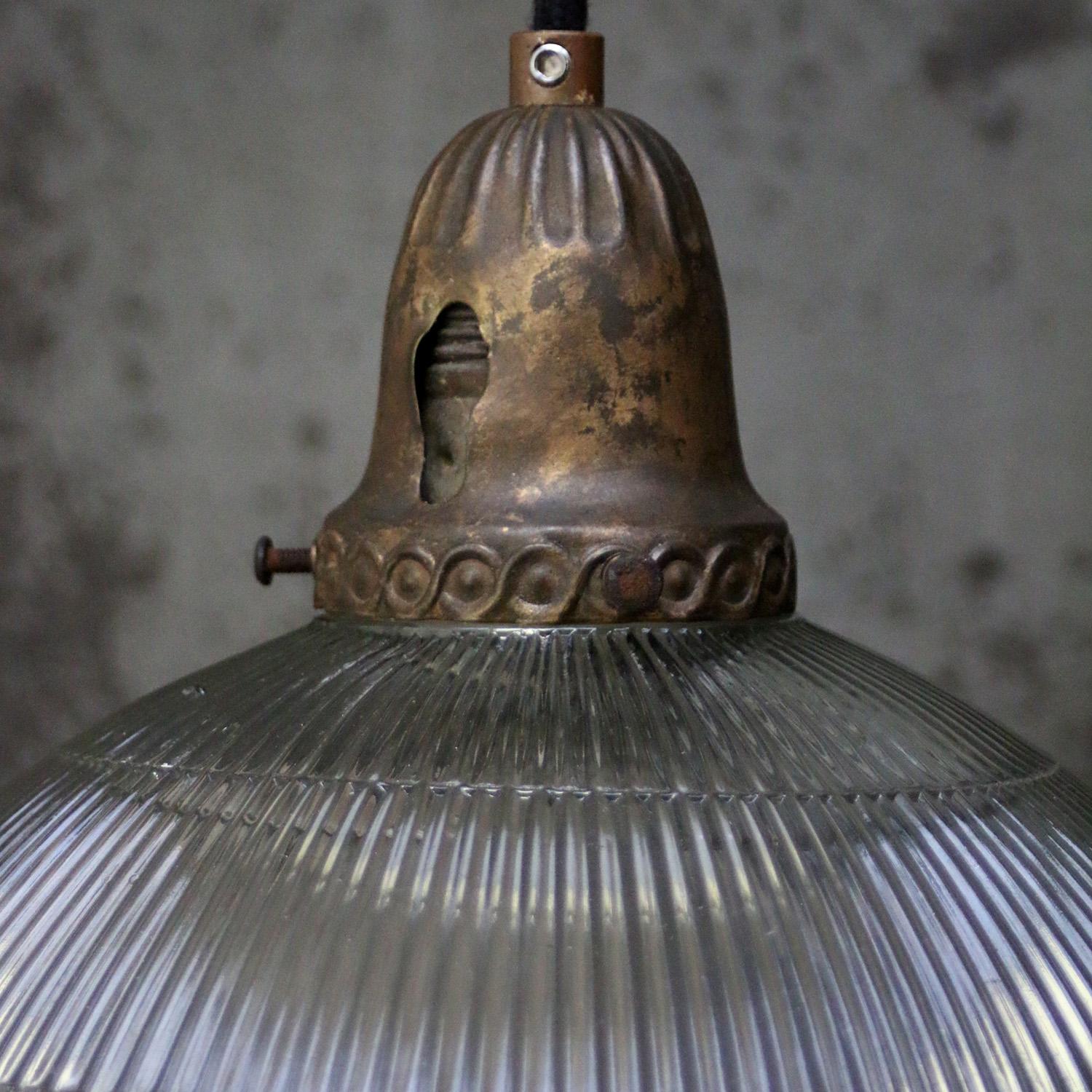 20th Century Holophane Glass Vintage Brass Pendant Light
