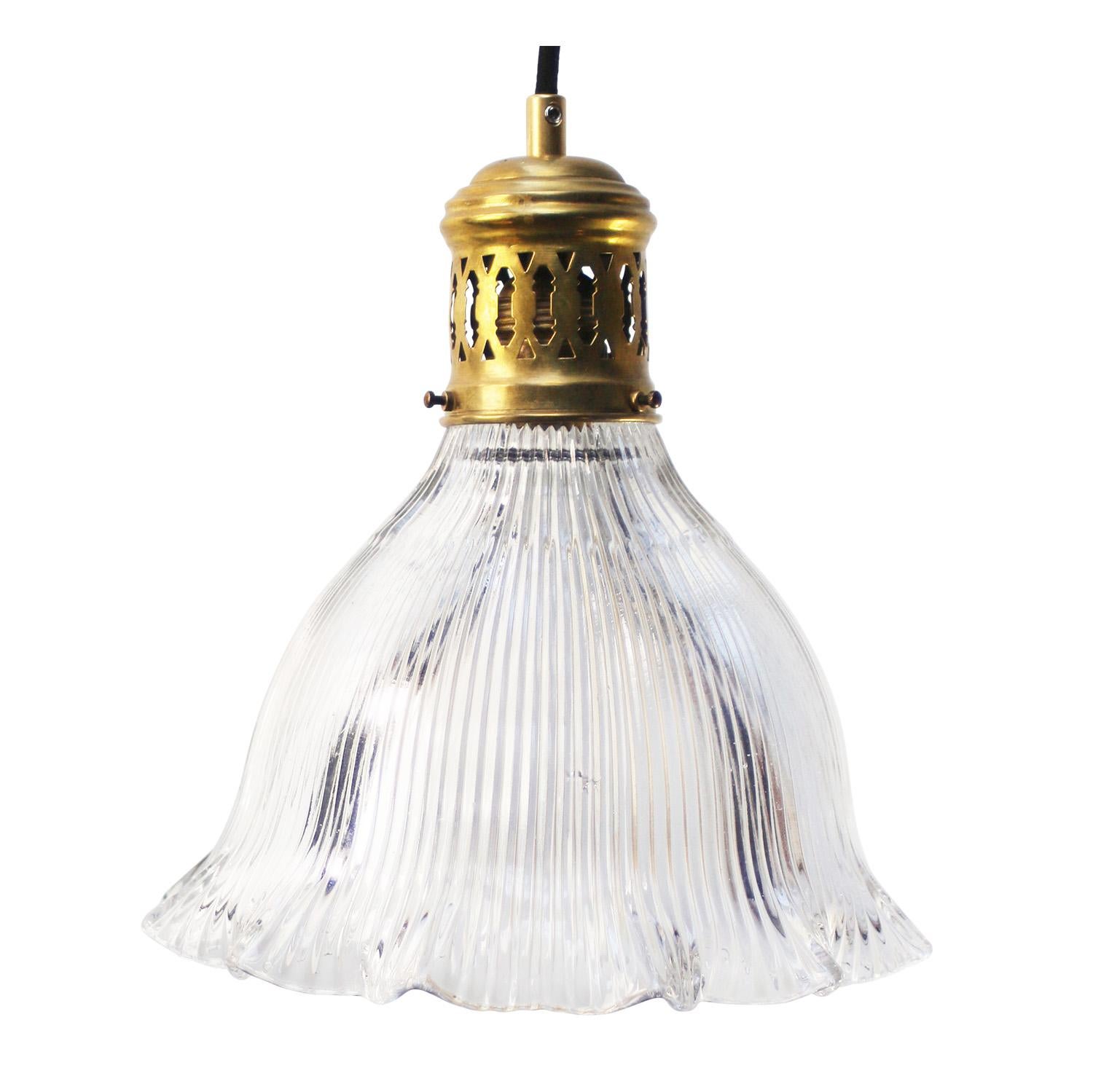 20th Century Holophane Glass Vintage Brass Pendant Lights