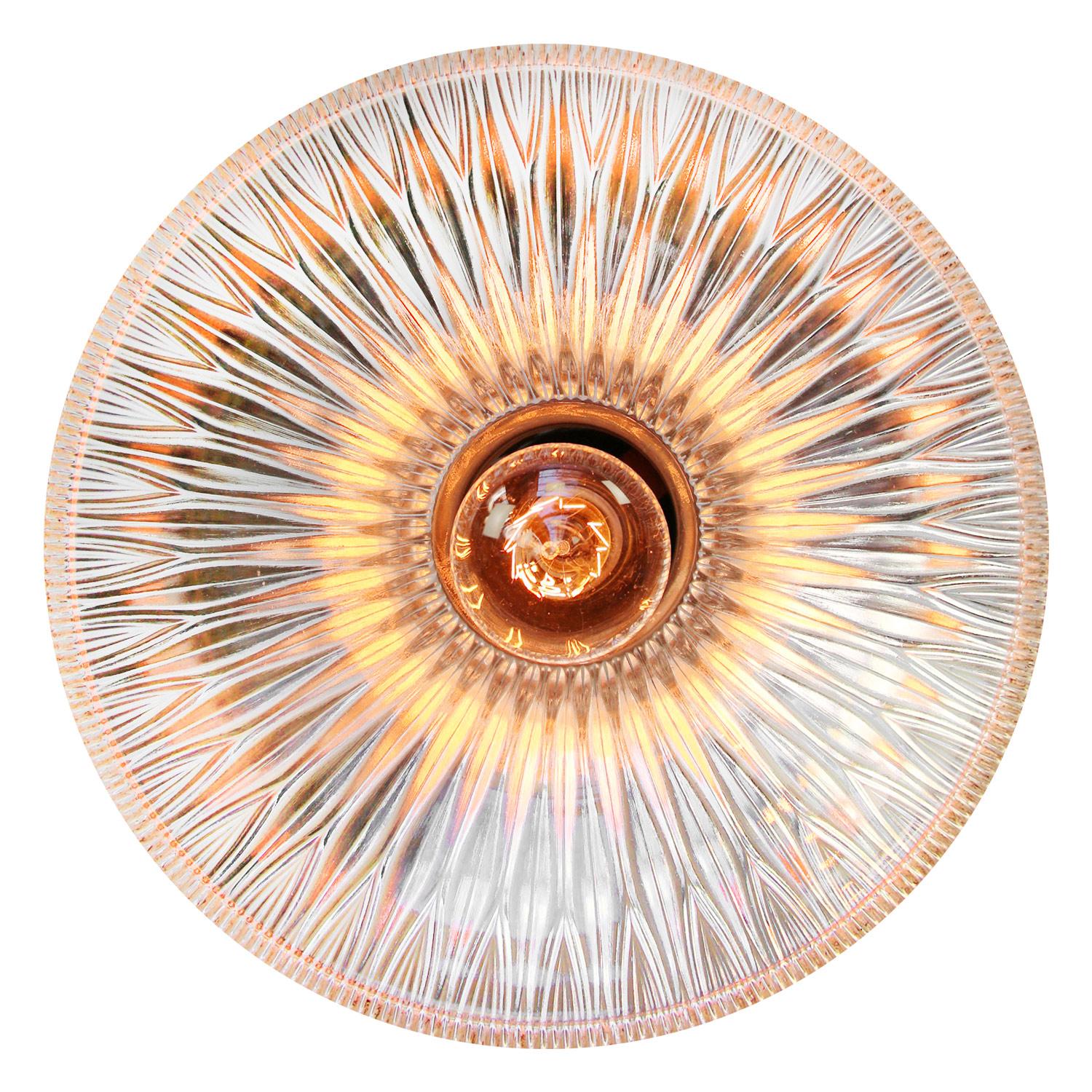 American Holophane Glass Vintage Industrial Brass Top Pendant Light