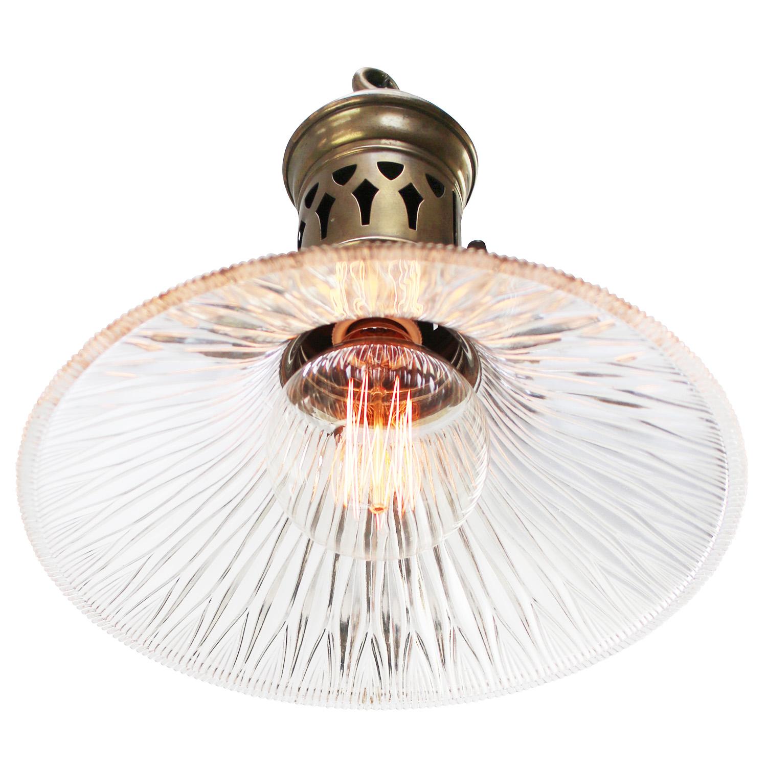 French Holophane Glass Vintage Industrial Brass Top Pendant Light