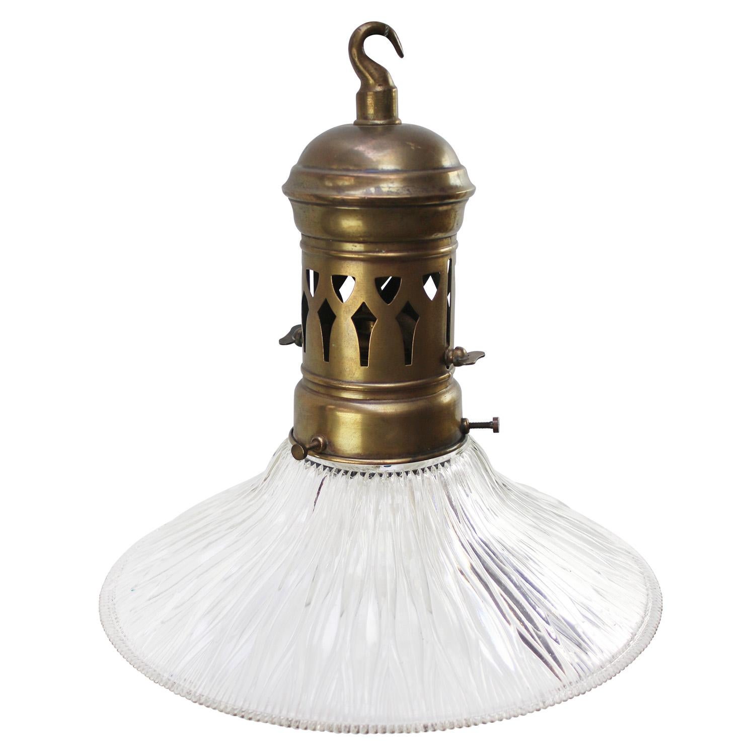 20th Century Holophane Glass Vintage Industrial Brass Top Pendant Light