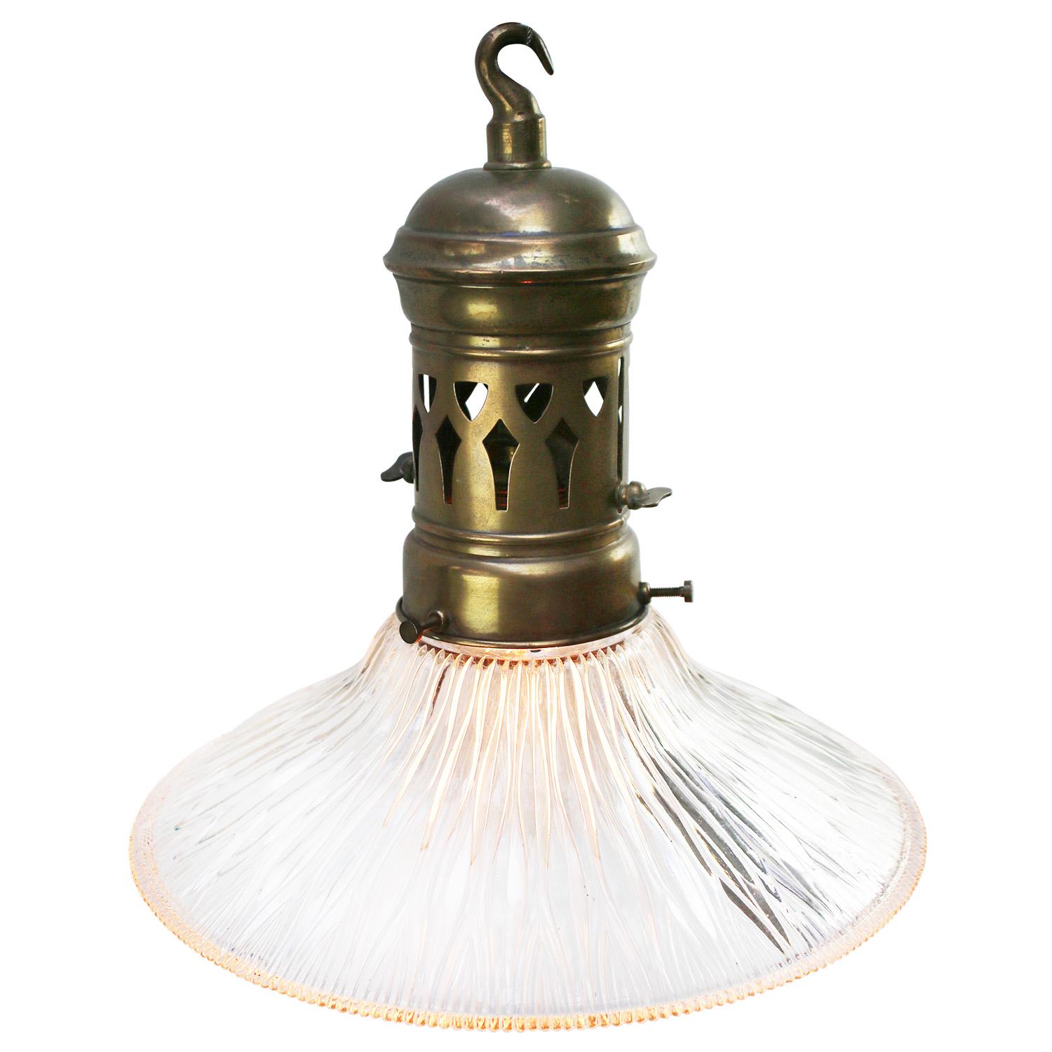 Holophane Glass Vintage Industrial Brass Top Pendant Light 1