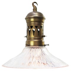 Holophane Glass Vintage Industrial Brass Top Pendant Light