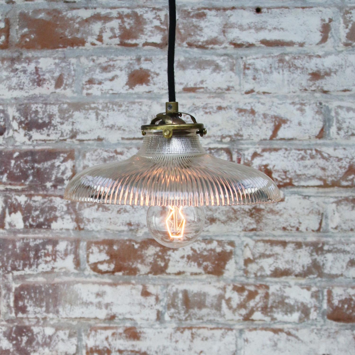 Holophane Glass Vintage Industrial Hanging Light Pendant In Good Condition In Amsterdam, NL