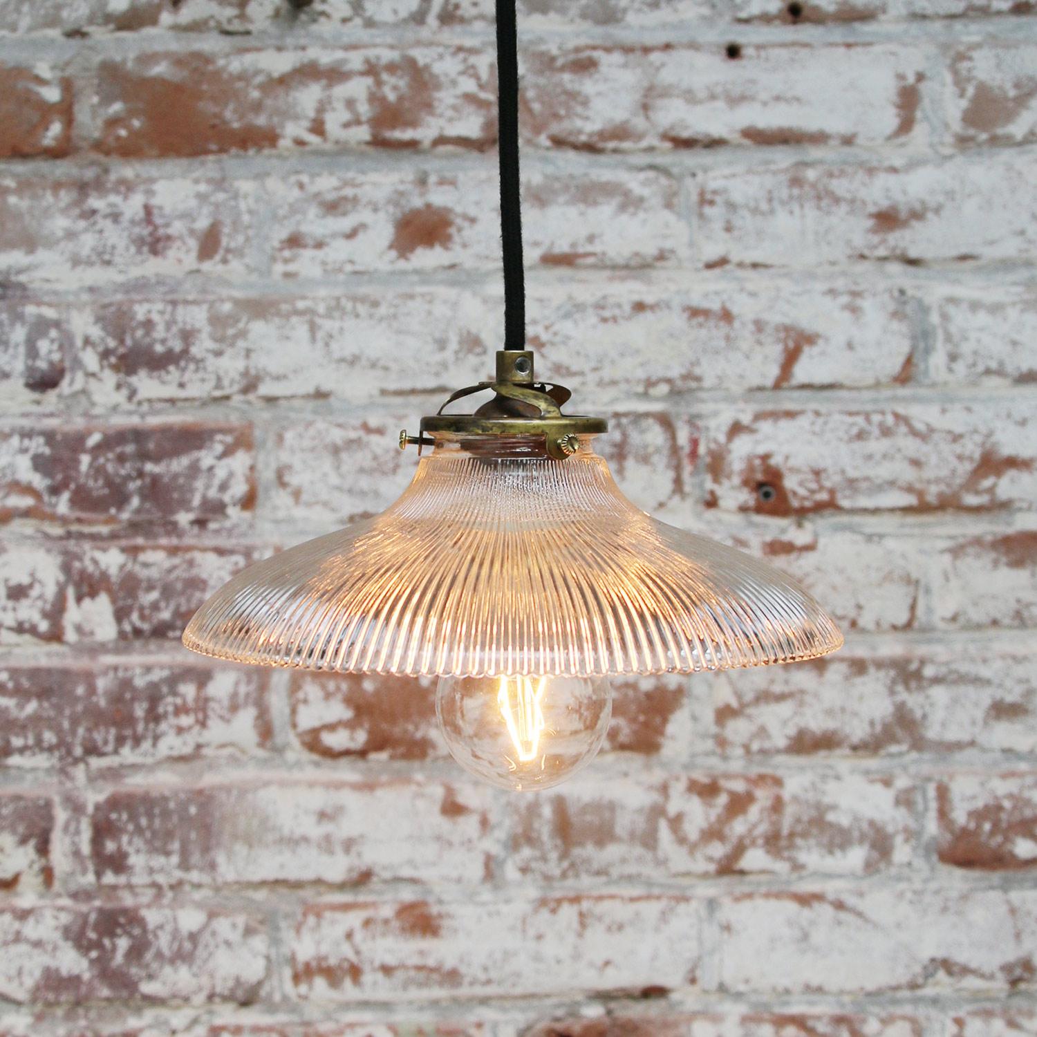 Holophane Glass Vintage Industrial Hanging Pendant Lights In Good Condition In Amsterdam, NL
