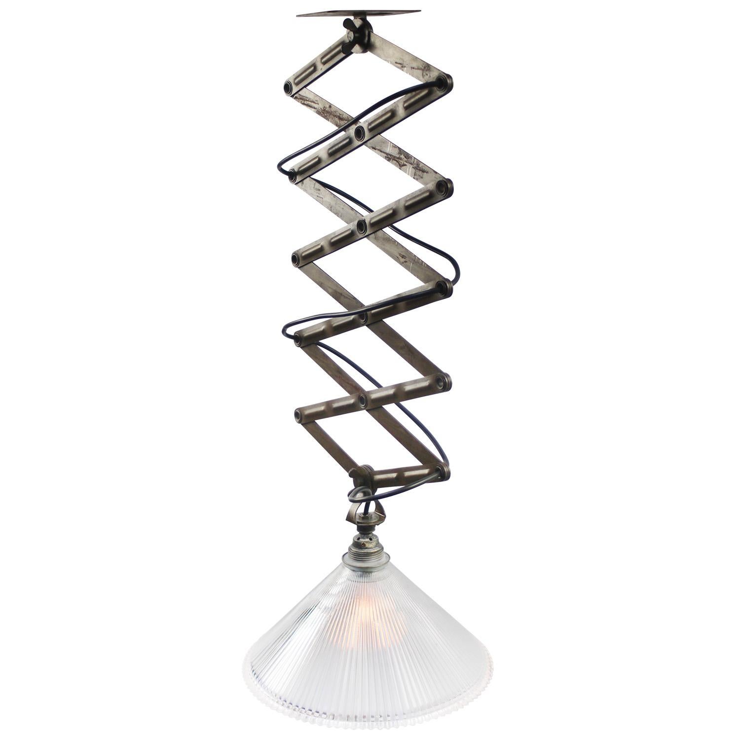 French Holophane Glass Vintage Industrial Metal Scissor Pendant Lights For Sale