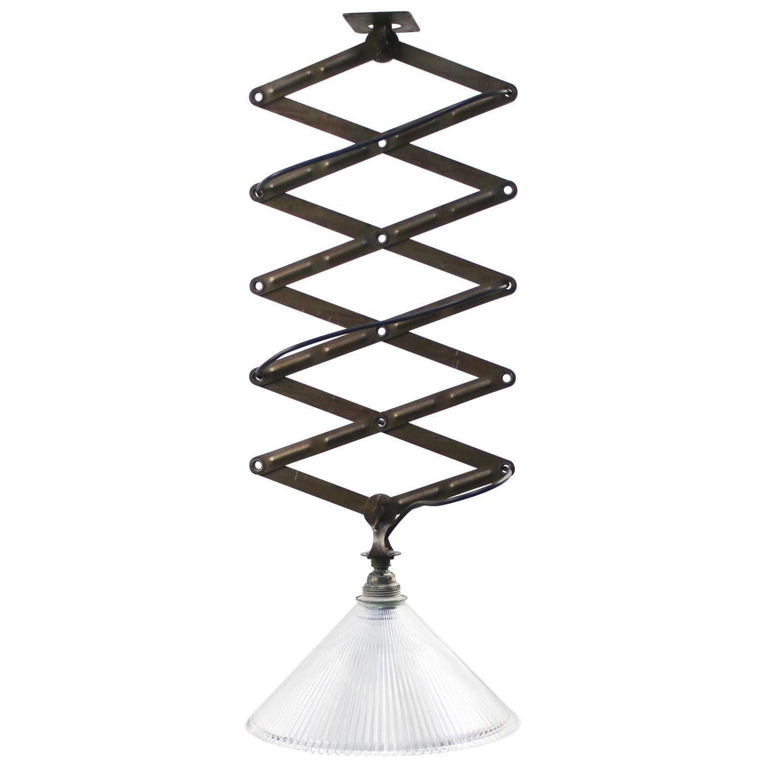 Holophane Glass Vintage Industrial Metal Scissor Pendant Lights For Sale 1