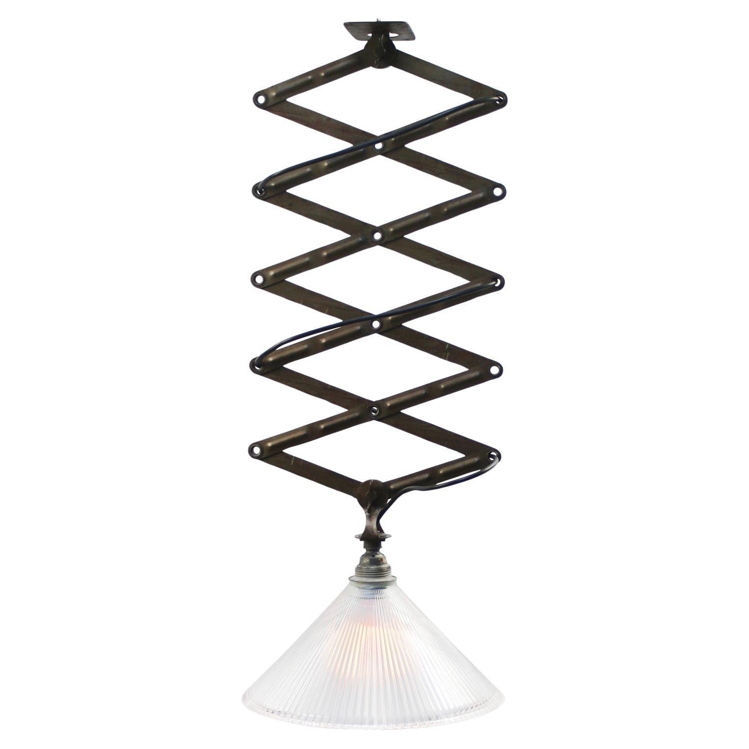 Holophane Glass Vintage Industrial Metal Scissor Pendant Lights For Sale