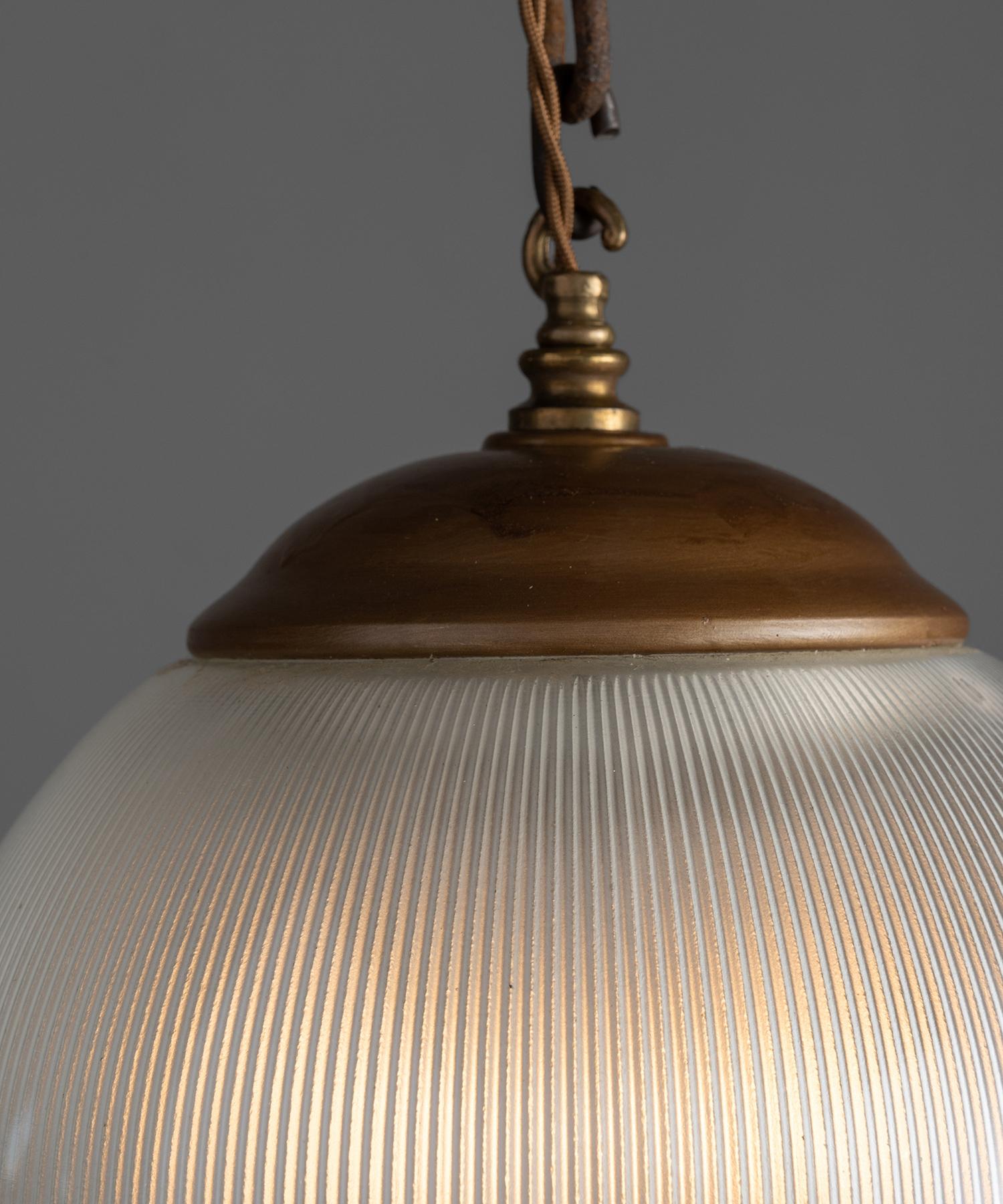 Brass Holophane Globe Pendant, Italy, Circa 1950
