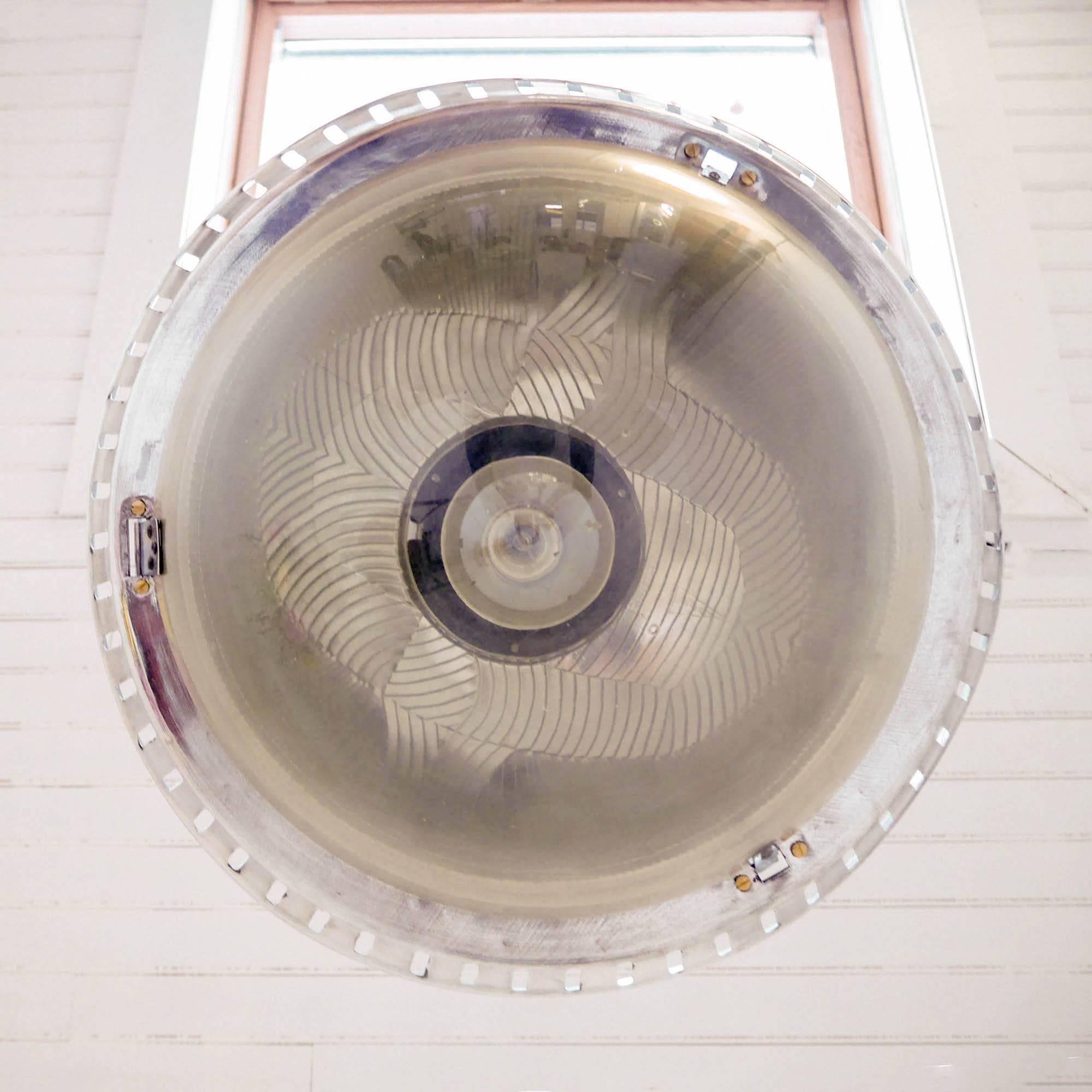 Industrial Holophane Paris Ceiling Light, Openwork Hooping, Polished Aluminium, circa 1950 For Sale