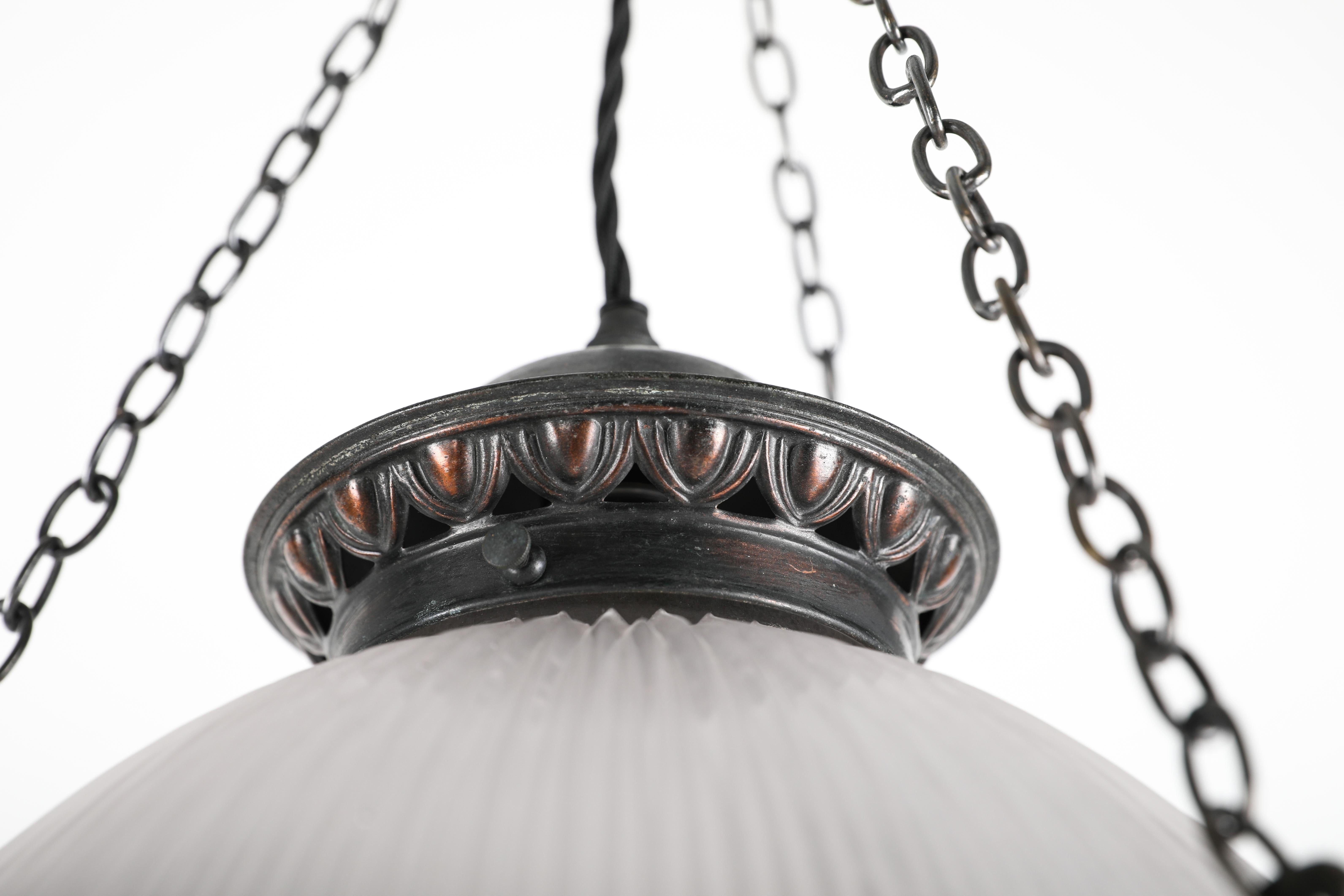 Holophane 'Reflector-Refractor' Prismatic Glass Pendant Light. c.1920 In Good Condition In London, GB
