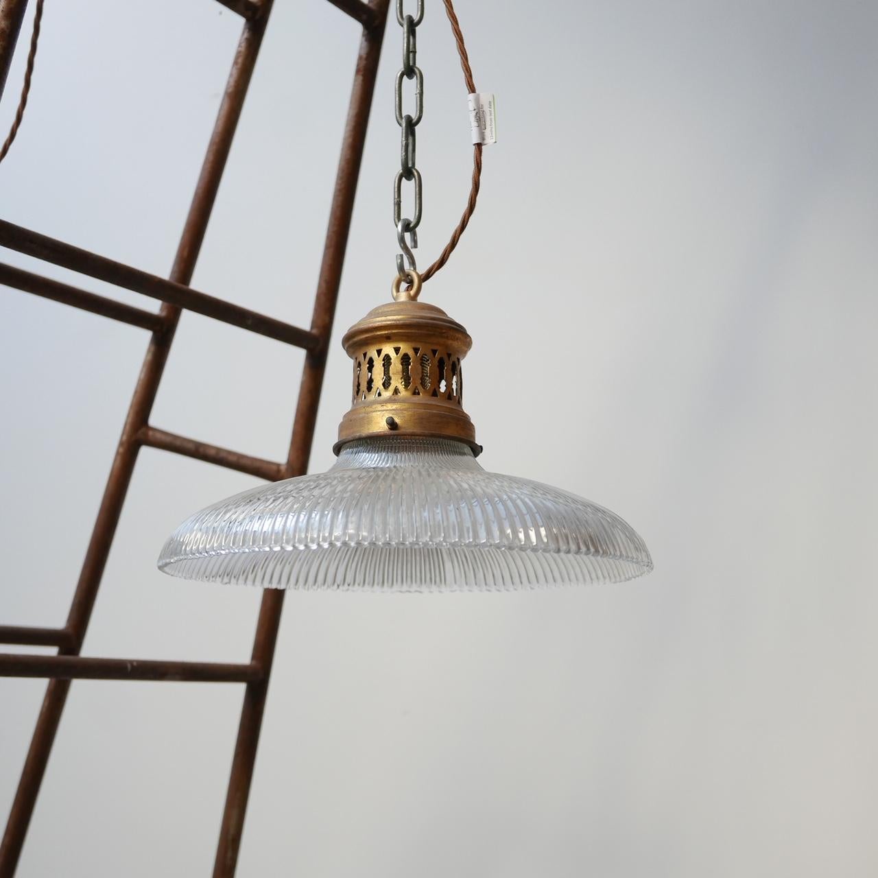 Holophane Ribbed Glass Midcentury Pendant Lights '2' In Good Condition In London, GB