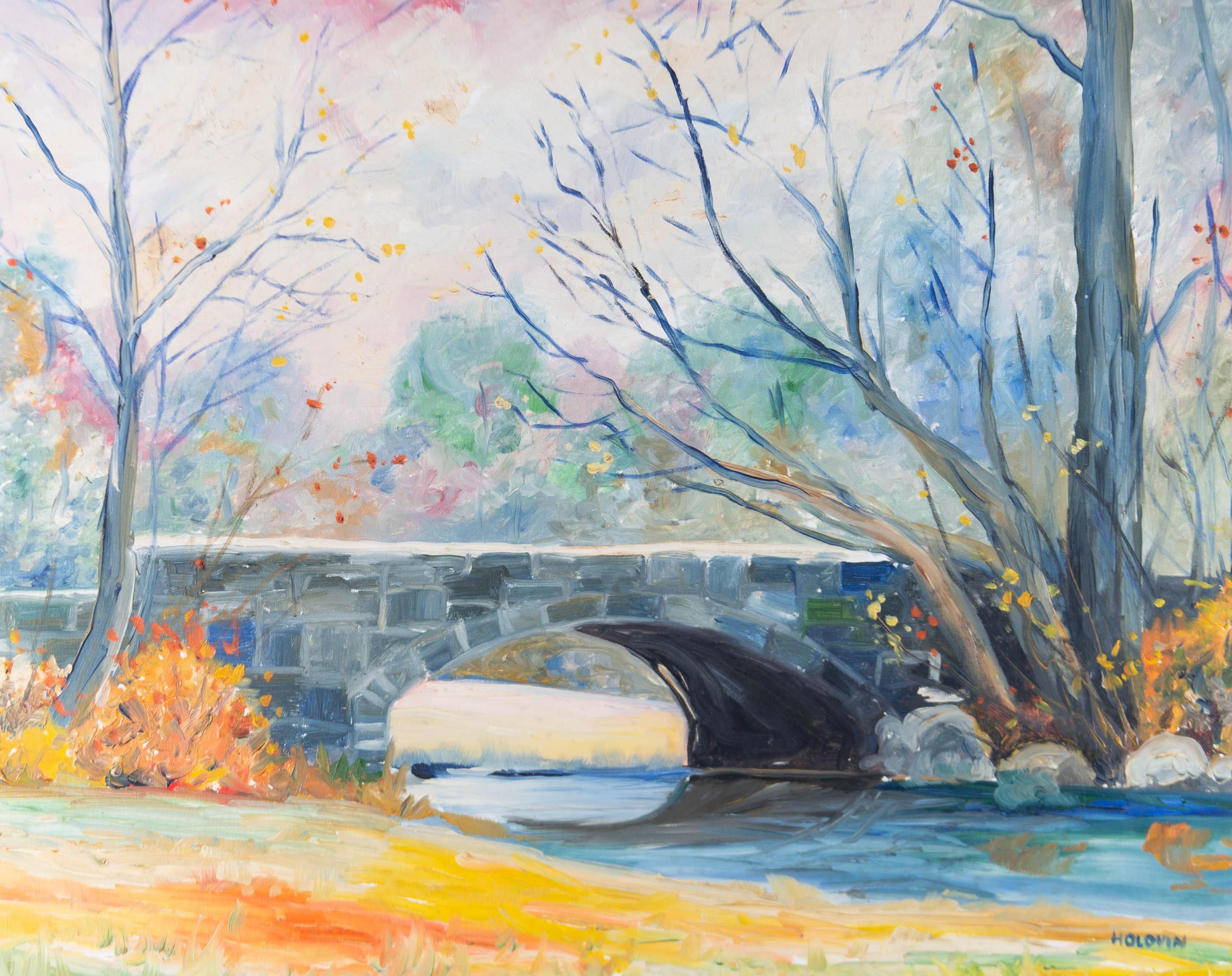 This charming scene depicts a stone bridge over a river in autumn. painted in an impressionist style in a vibrant colour palette. Signed to the lower right. On canvas on stretchers.




