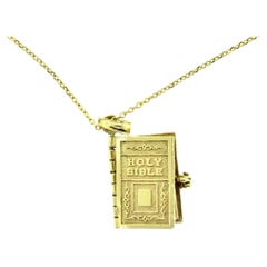 Holy Bible Book Lords Prayer Charm Pendant Necklace in Yellow Gold