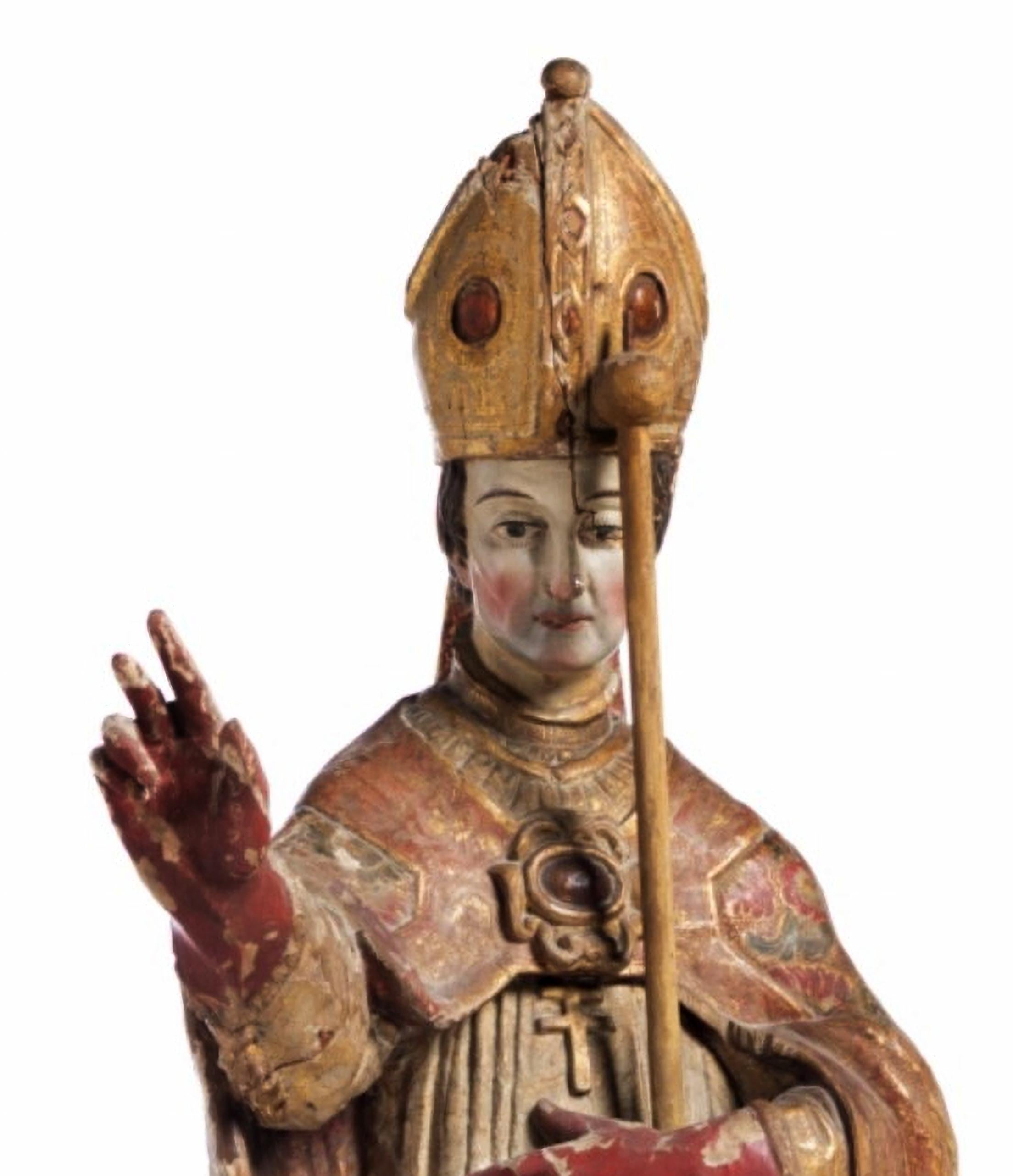 Portuguese Holy Bishop Sculpture 18th Century For Sale