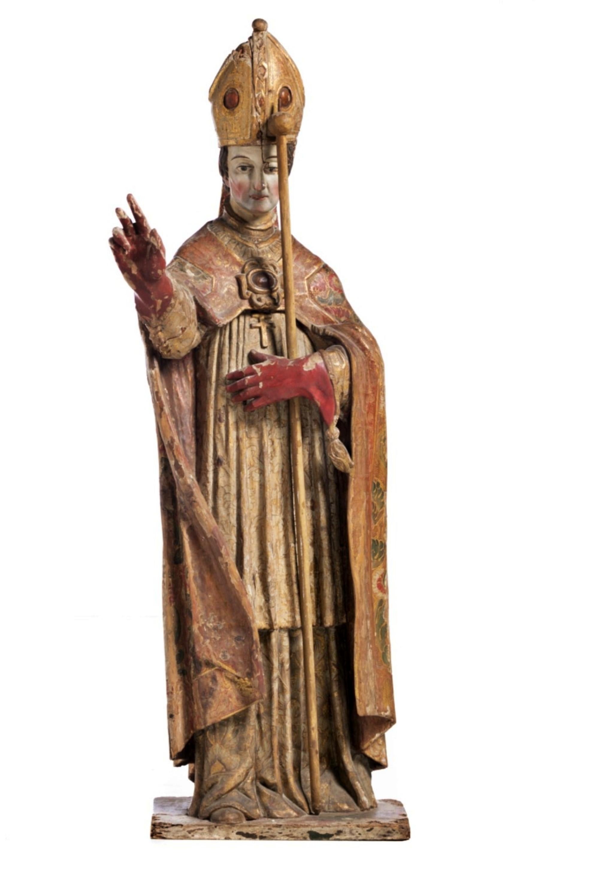 Hand-Crafted Holy Bishop Sculpture 18th Century For Sale