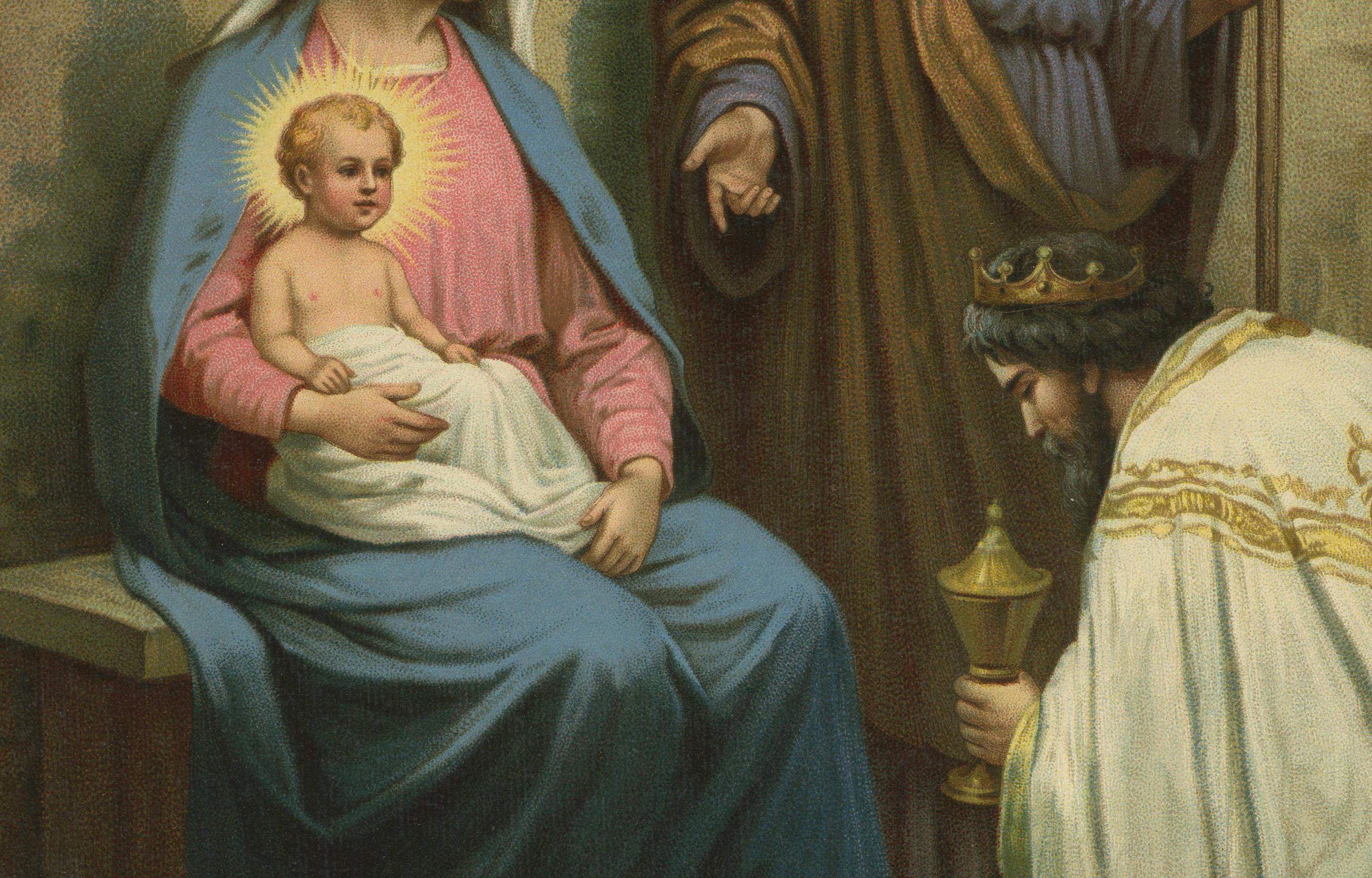 Sainte Famille et les Rois Mages, c.1900 Chromolithographie religieuse allemande Bon état - En vente à Langweer, NL