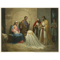 Antique Holy Family and Three Kings, c.1900 German Religious Chromolithograph