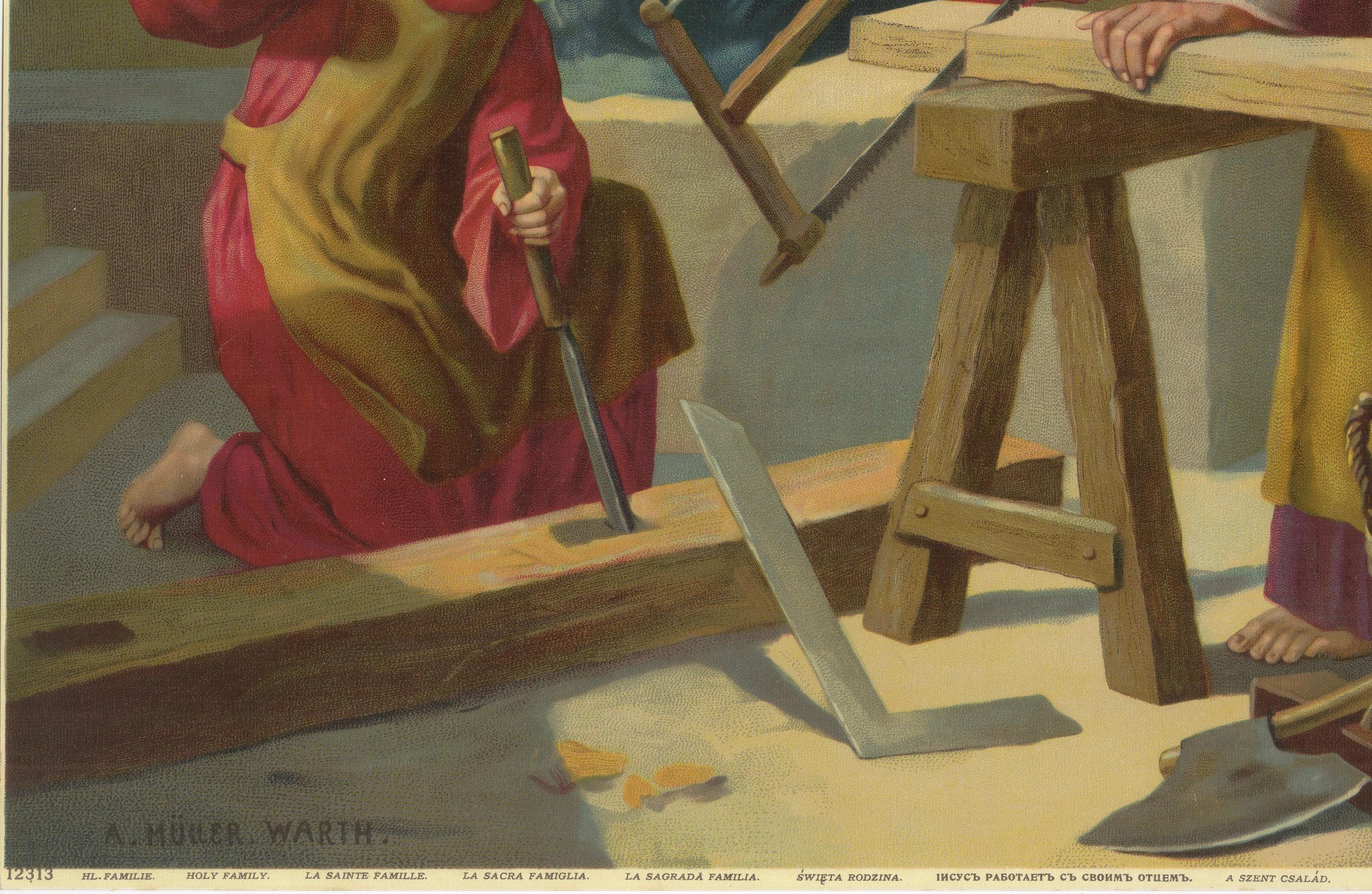 Heilige Familie bei der Arbeit mit dem heiligen Joseph - Antike deutsche Chromolithographie, 1900

Diese zutiefst andächtige und wunderschön detaillierte antike deutsche Chromolithografie stellt die Heilige Familie in einer seltenen häuslichen und