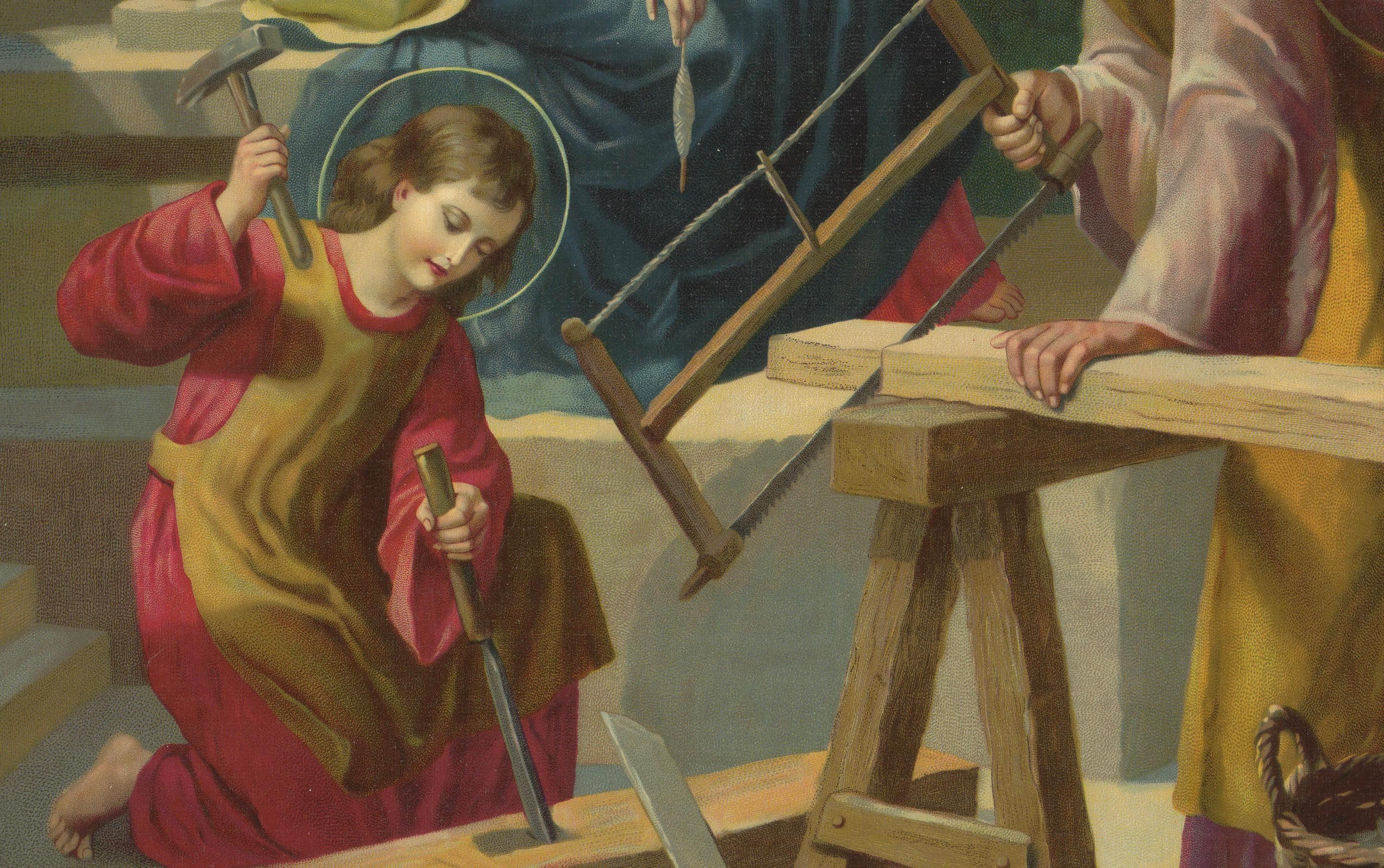 Heilige Familie bei der Arbeit mit dem heiligen Joseph - Antike deutsche Chromolithographie, 1900 (Deutsch) im Angebot