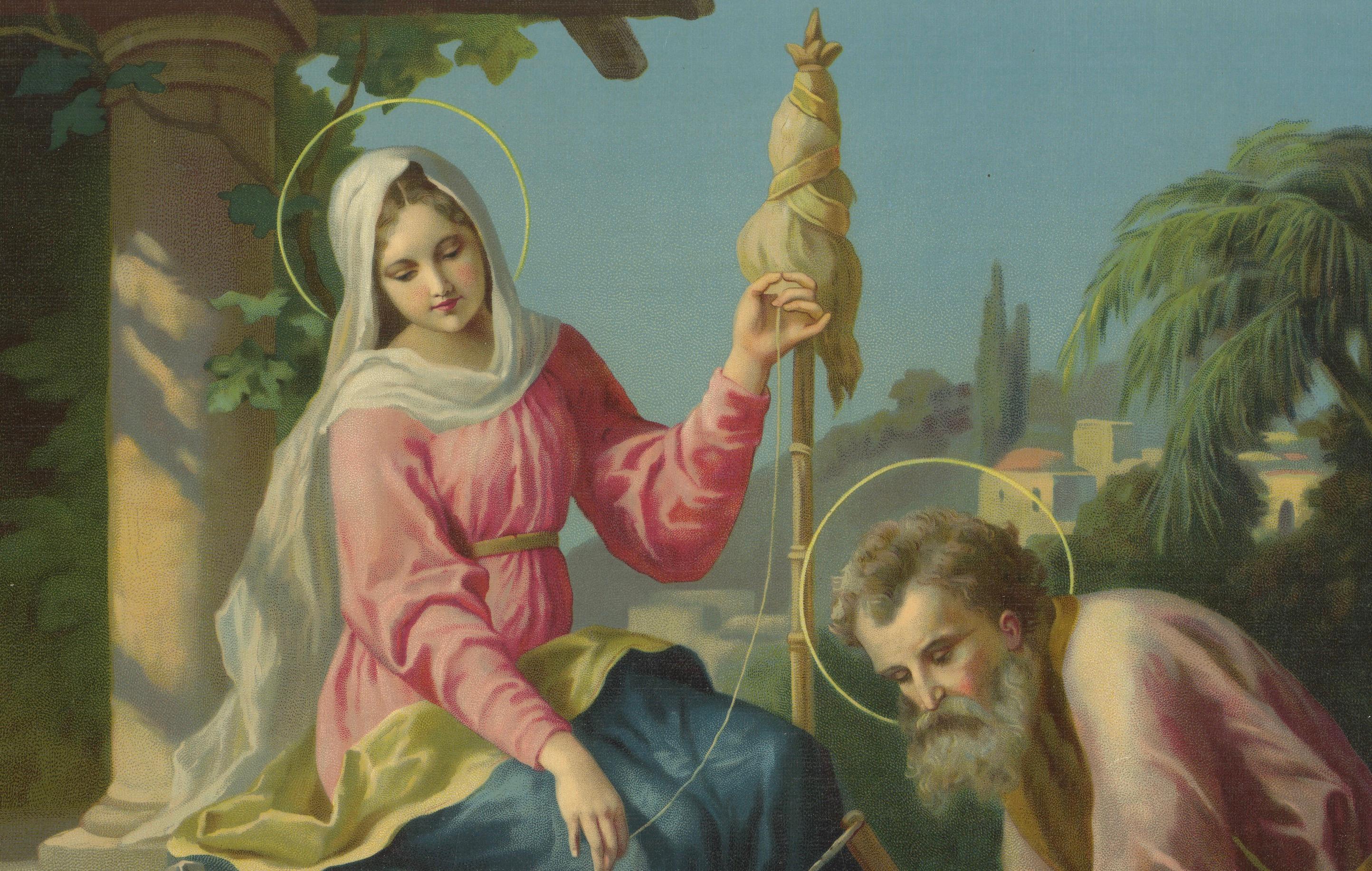 Heilige Familie bei der Arbeit mit dem heiligen Joseph - Antike deutsche Chromolithographie, 1900 im Zustand „Gut“ im Angebot in Langweer, NL