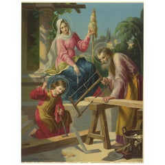 Heilige Familie bei der Arbeit mit dem heiligen Joseph - Antike deutsche Chromolithographie, 1900
