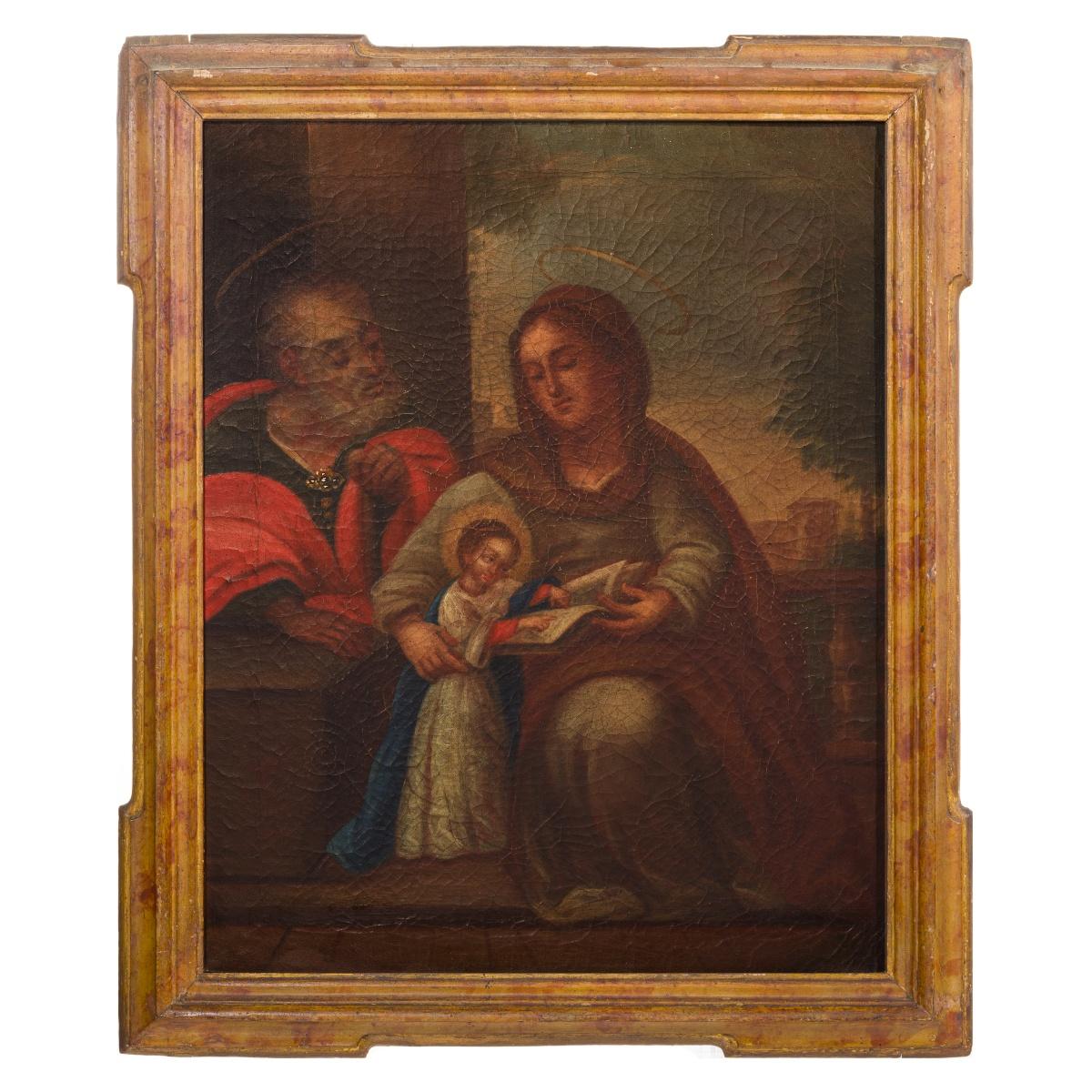 Dieses bemerkenswerte Gemälde der Heiligen Familie, das der portugiesischen Schule des 18. Jahrhunderts zugeschrieben wird, ist eine eindrucksvolle Darstellung der religiösen Hingabe und der traditionellen Handwerkskunst dieser Zeit. Die mit viel