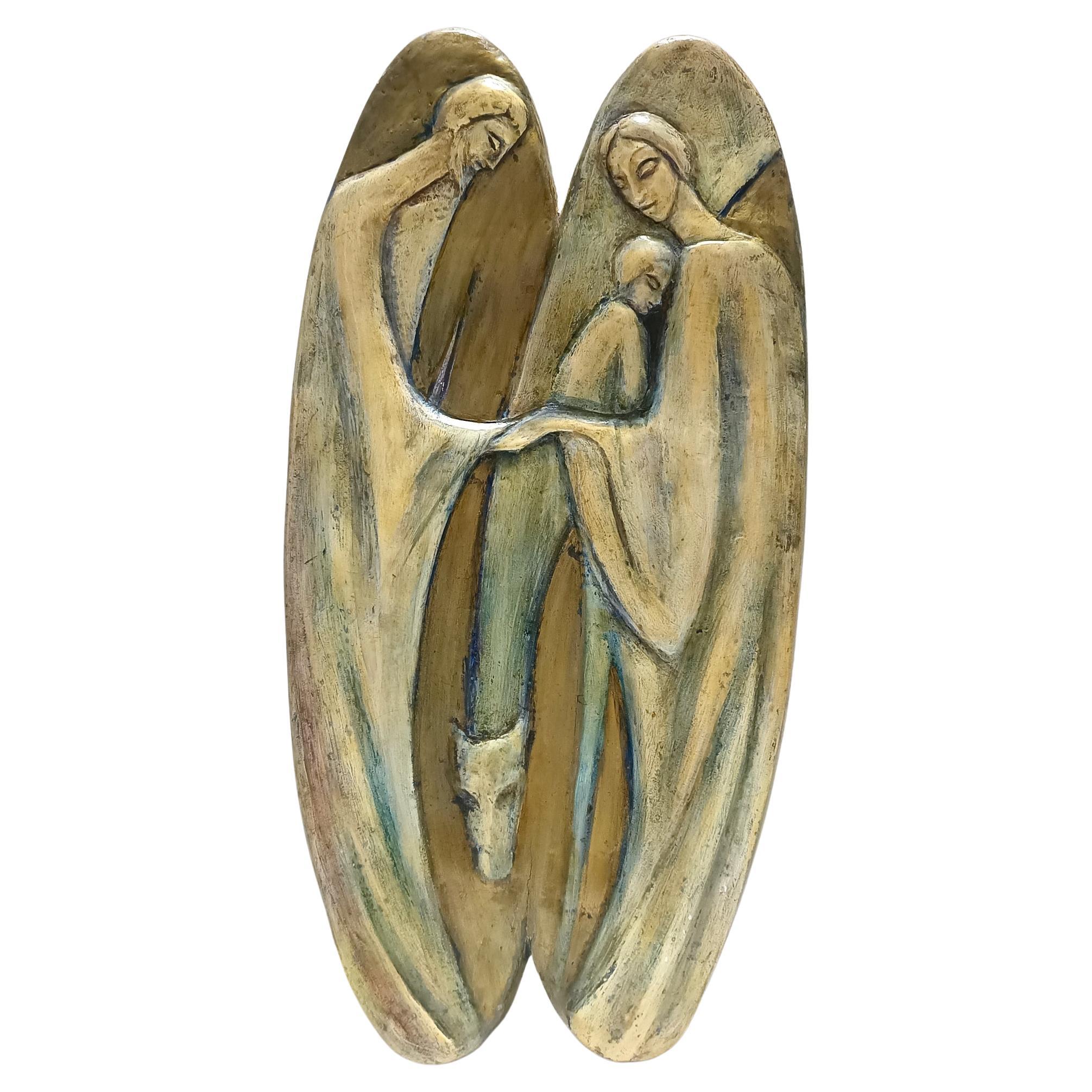 Holy Family Hand-Painted and Hand-Carved Beech Panel, Italy For Sale