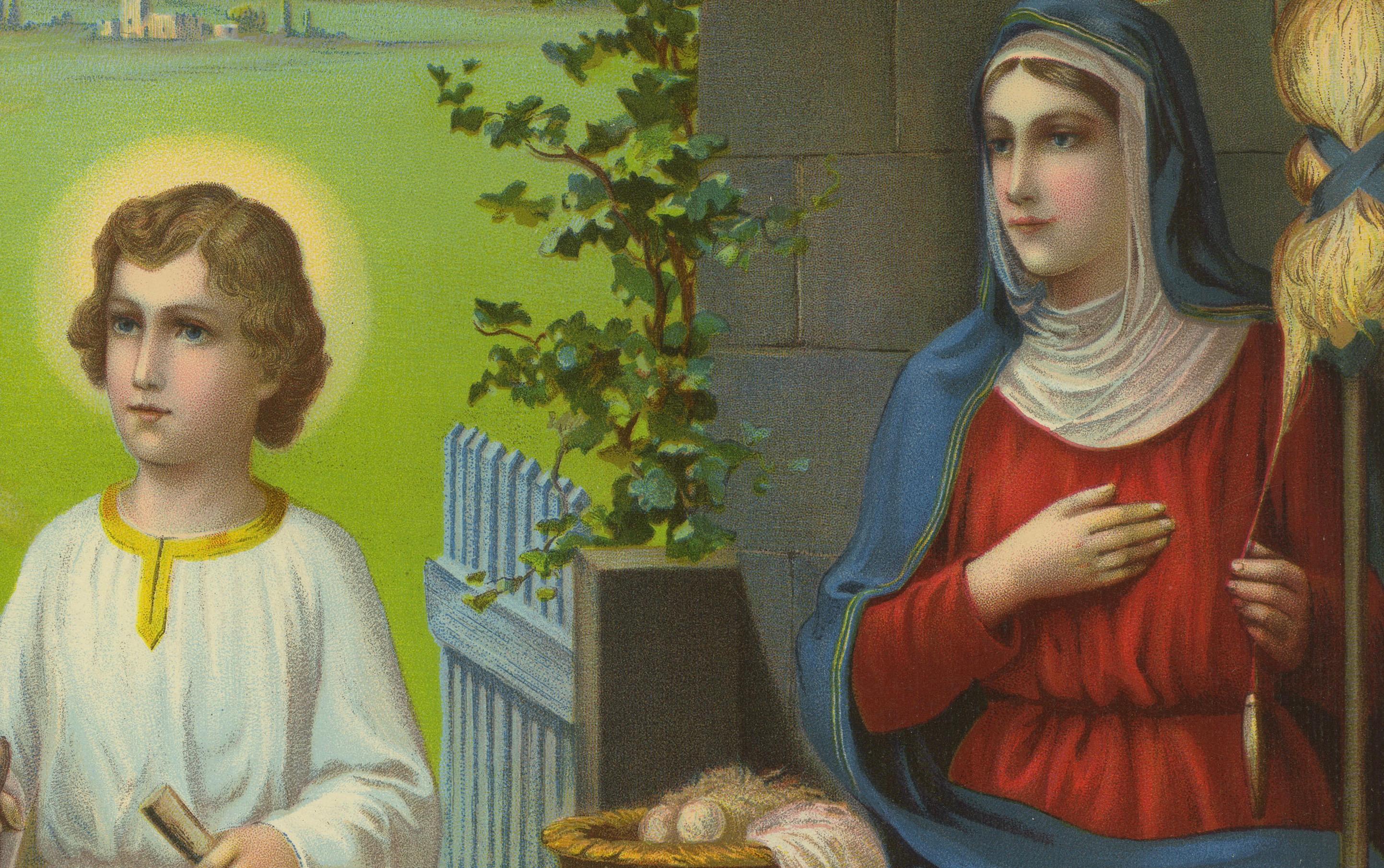 Heilige Familie in der Schreinerwerkstatt, antike deutsche Chromolithographie um 1900 (Deutsch) im Angebot