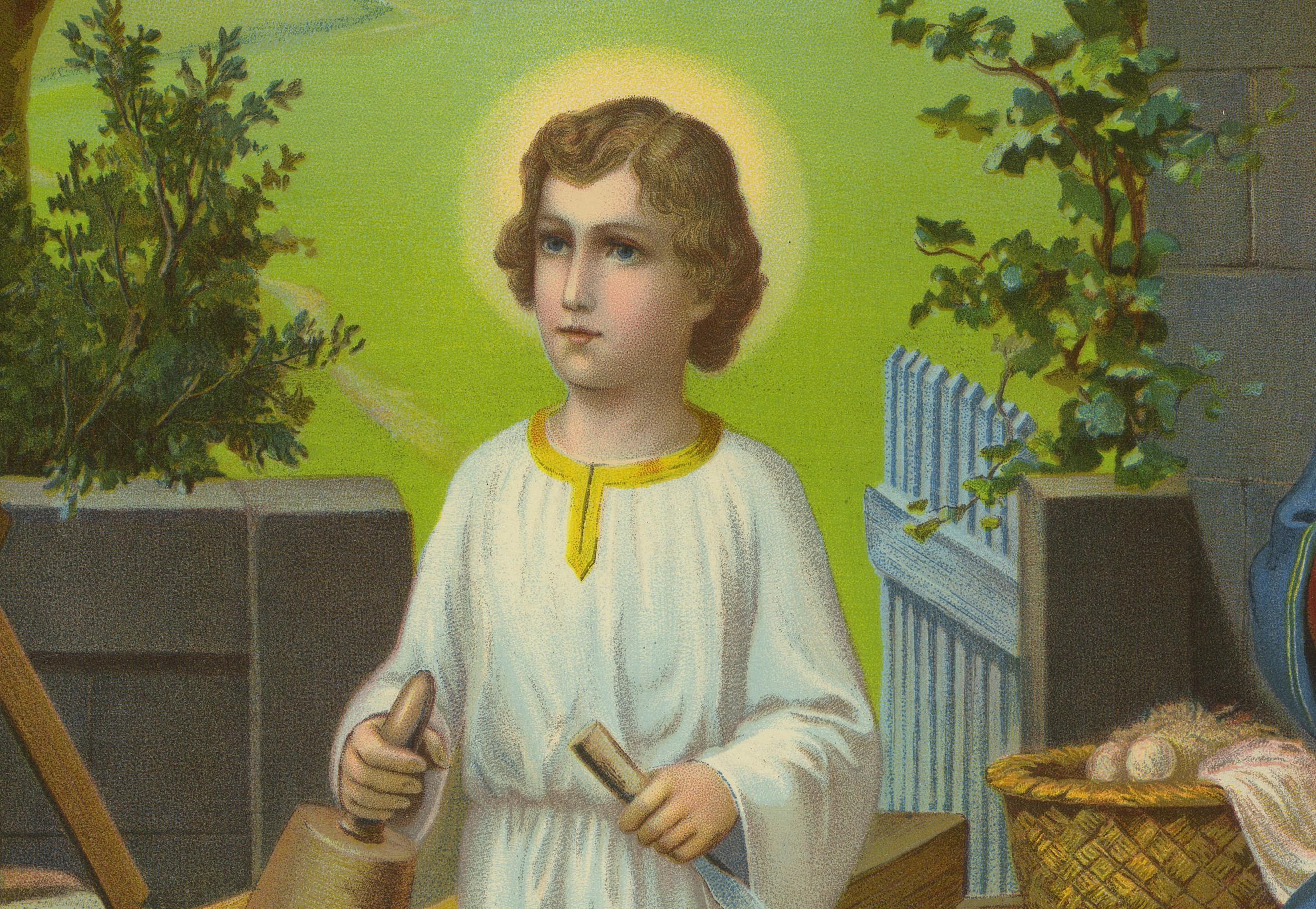 Heilige Familie in der Schreinerwerkstatt, antike deutsche Chromolithographie um 1900 im Zustand „Gut“ im Angebot in Langweer, NL