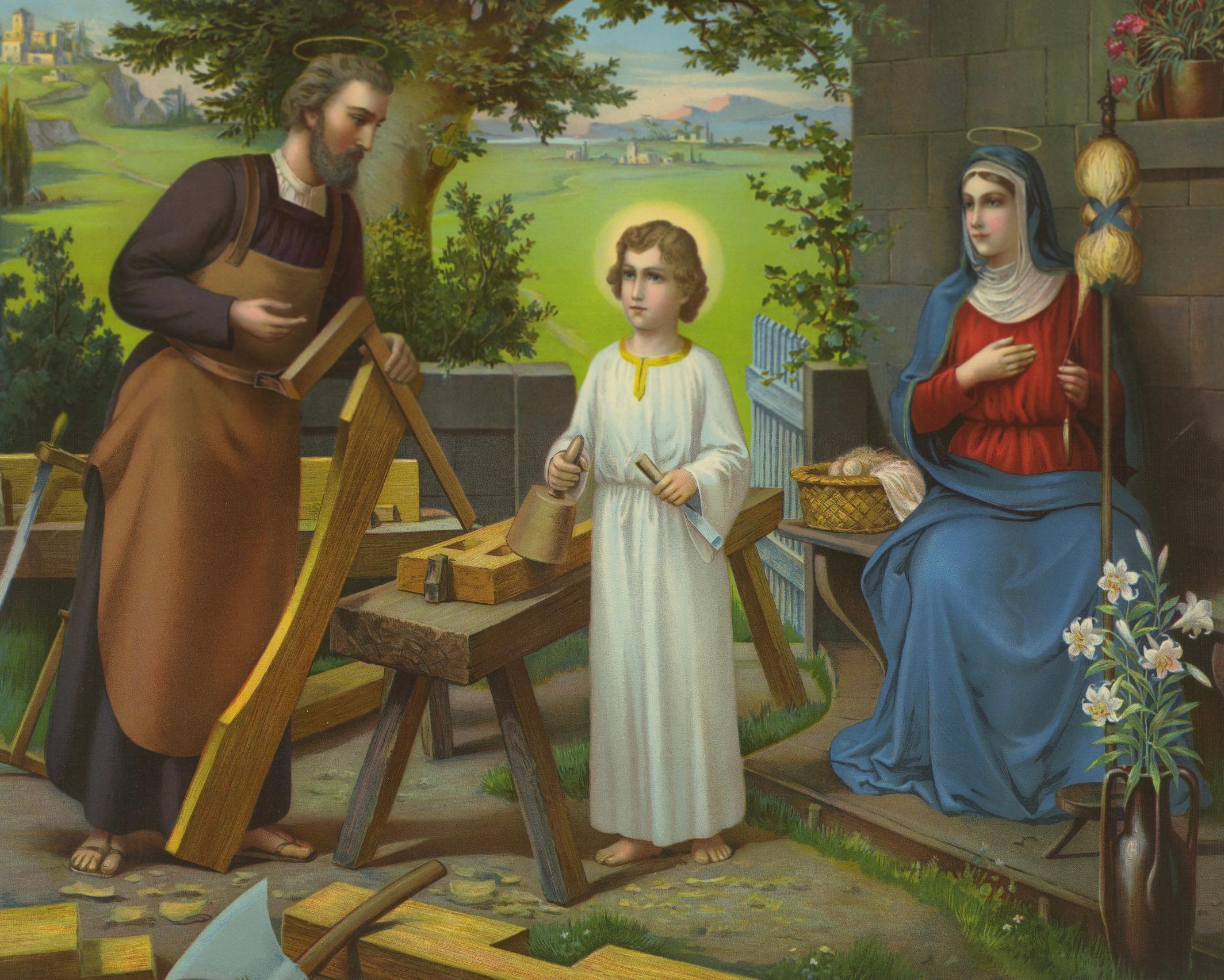 Heilige Familie in der Schreinerwerkstatt, antike deutsche Chromolithographie um 1900 (19. Jahrhundert) im Angebot