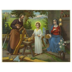 Heilige Familie in der Schreinerwerkstatt, antike deutsche Chromolithographie um 1900