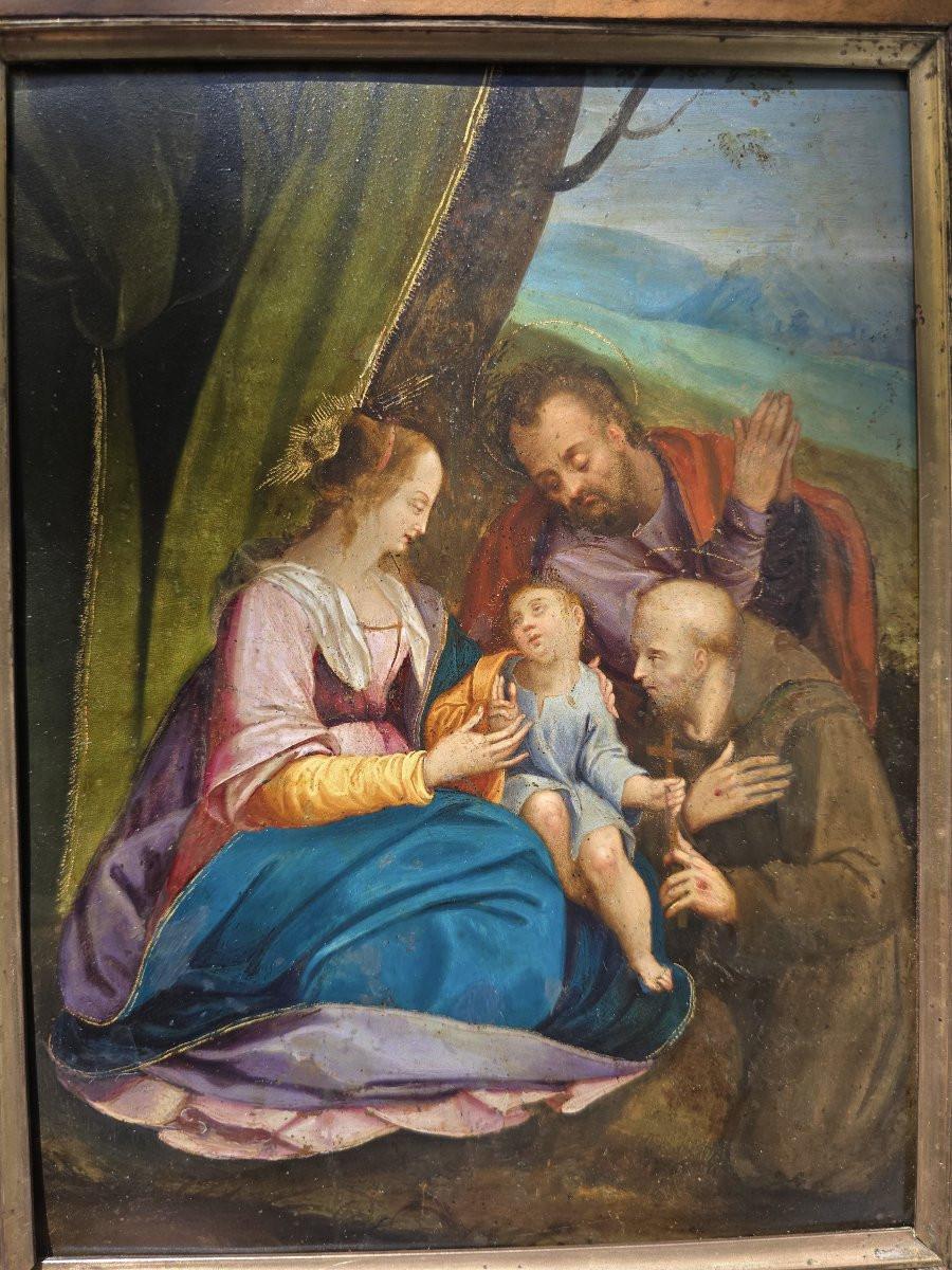 Holy Family with and Saint (oil on copper), 17th century in vendita 3
