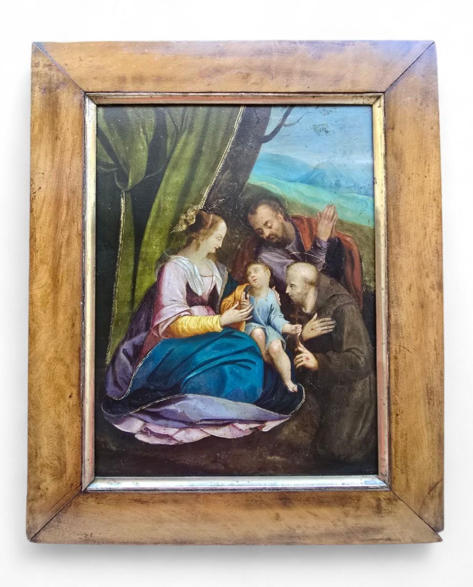 Holy Family with and Saint (oil on copper), 17th century in vendita 4