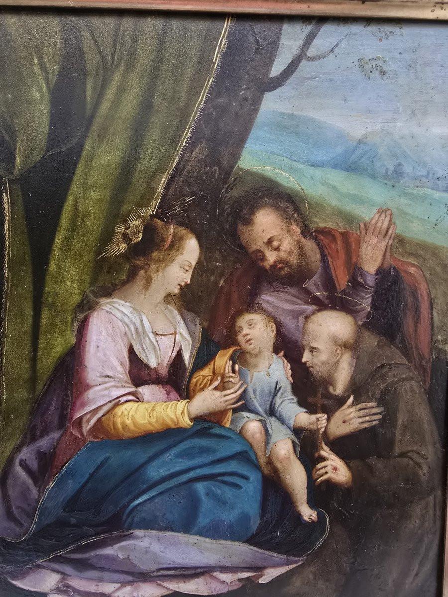 Barocco Holy Family with and Saint (oil on copper), 17th century in vendita