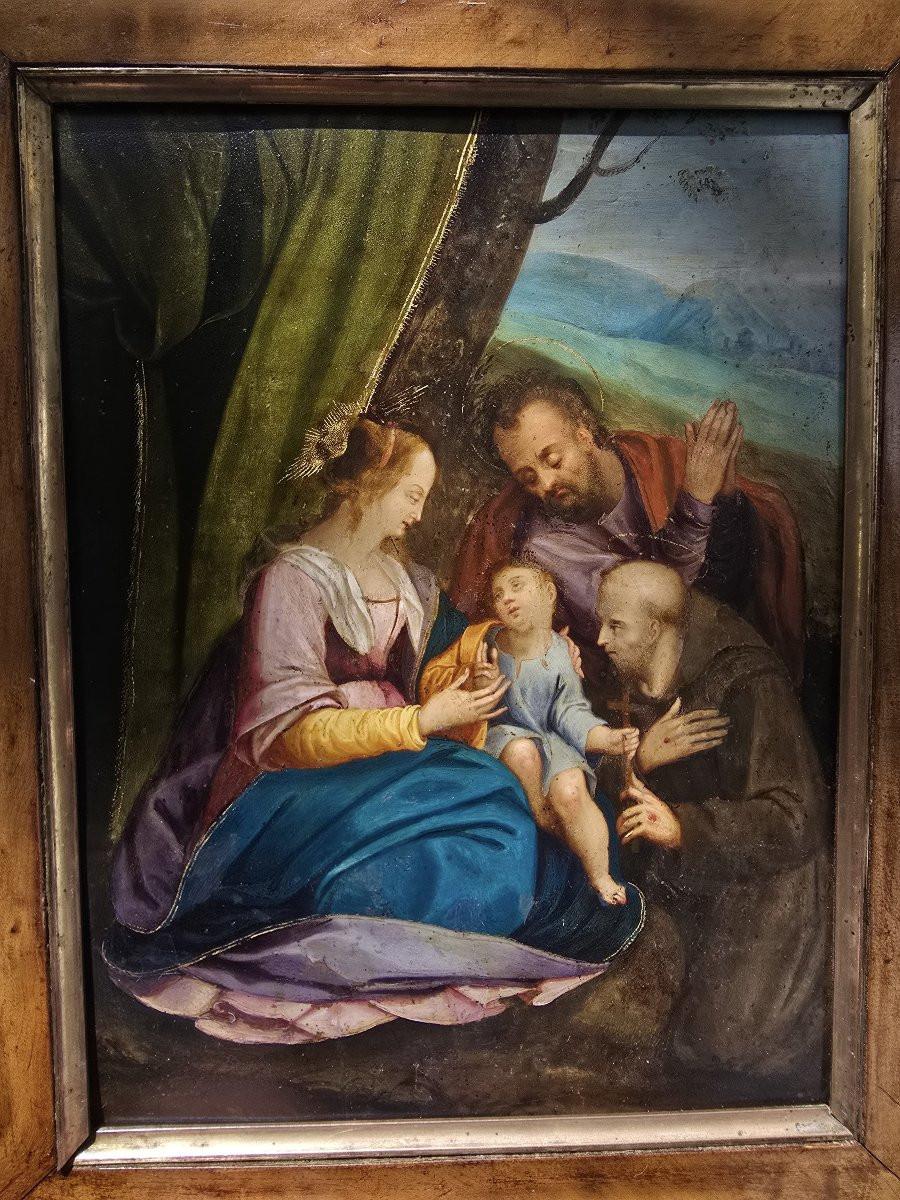 Belga Holy Family with and Saint (oil on copper), 17th century in vendita