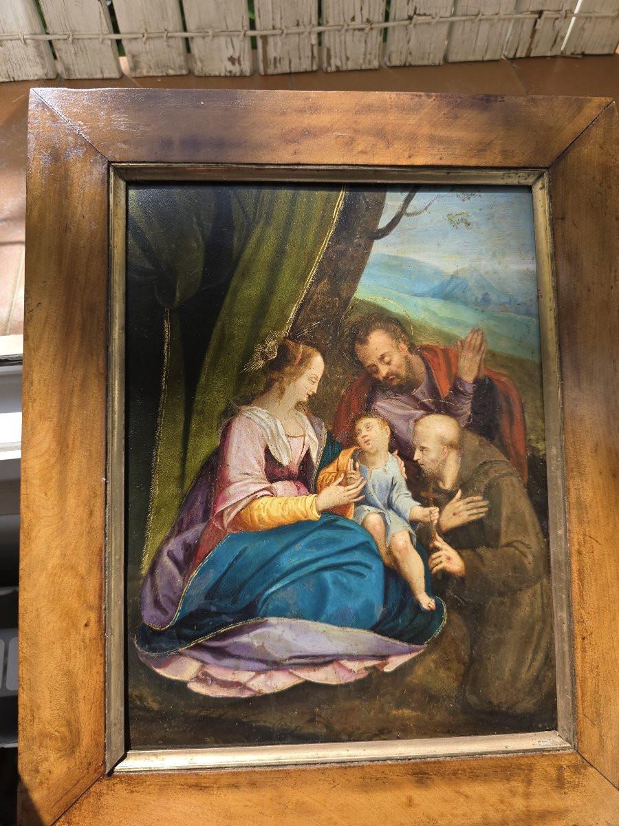 Dipinto a mano Holy Family with and Saint (oil on copper), 17th century in vendita