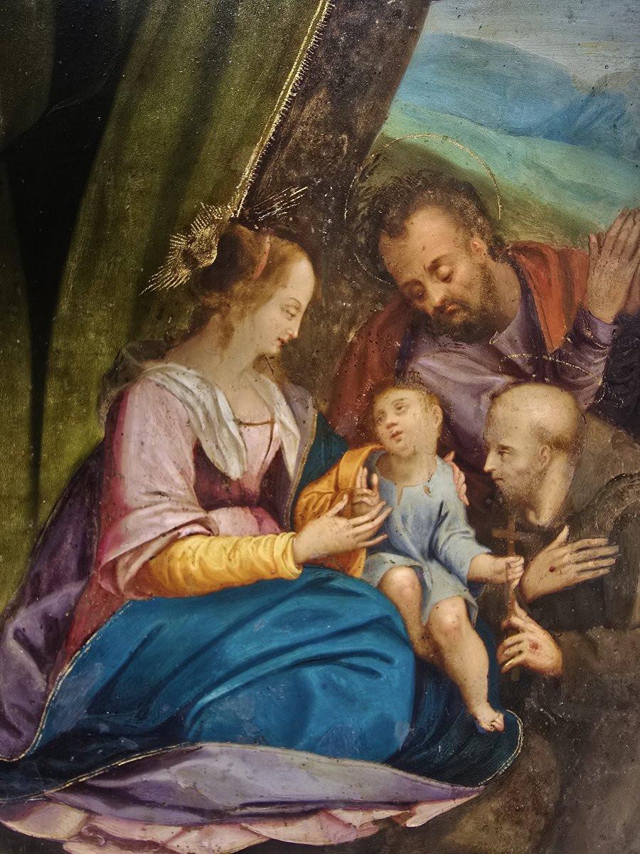 Fino al XVIII secolo Holy Family with and Saint (oil on copper), 17th century in vendita