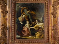 Holy Family with Angel, Baroque Oil on Copper Painting, 18th Century, Religious