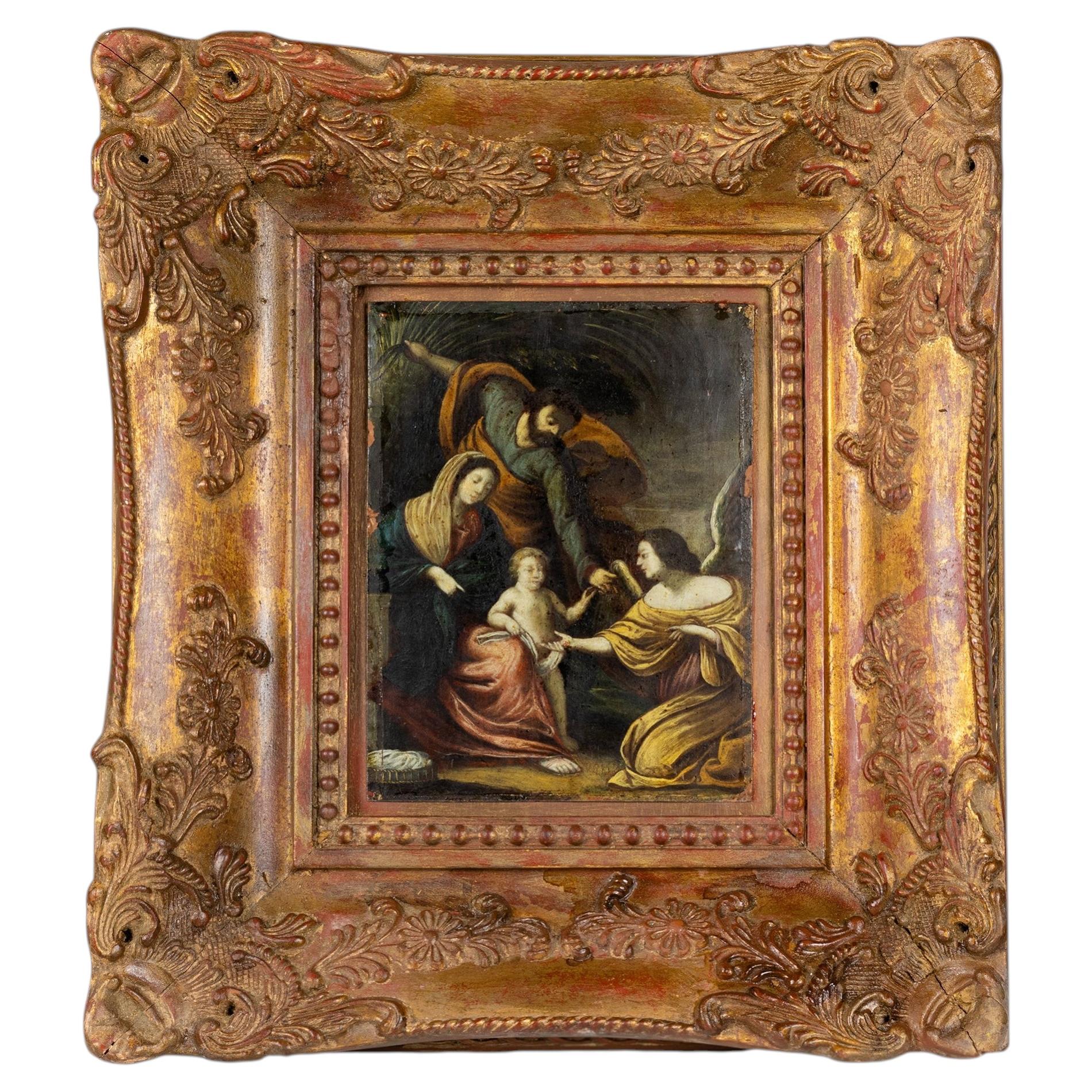 Holy Family with Angel, Baroque Oil on Copper Painting, 18th Century, Religious