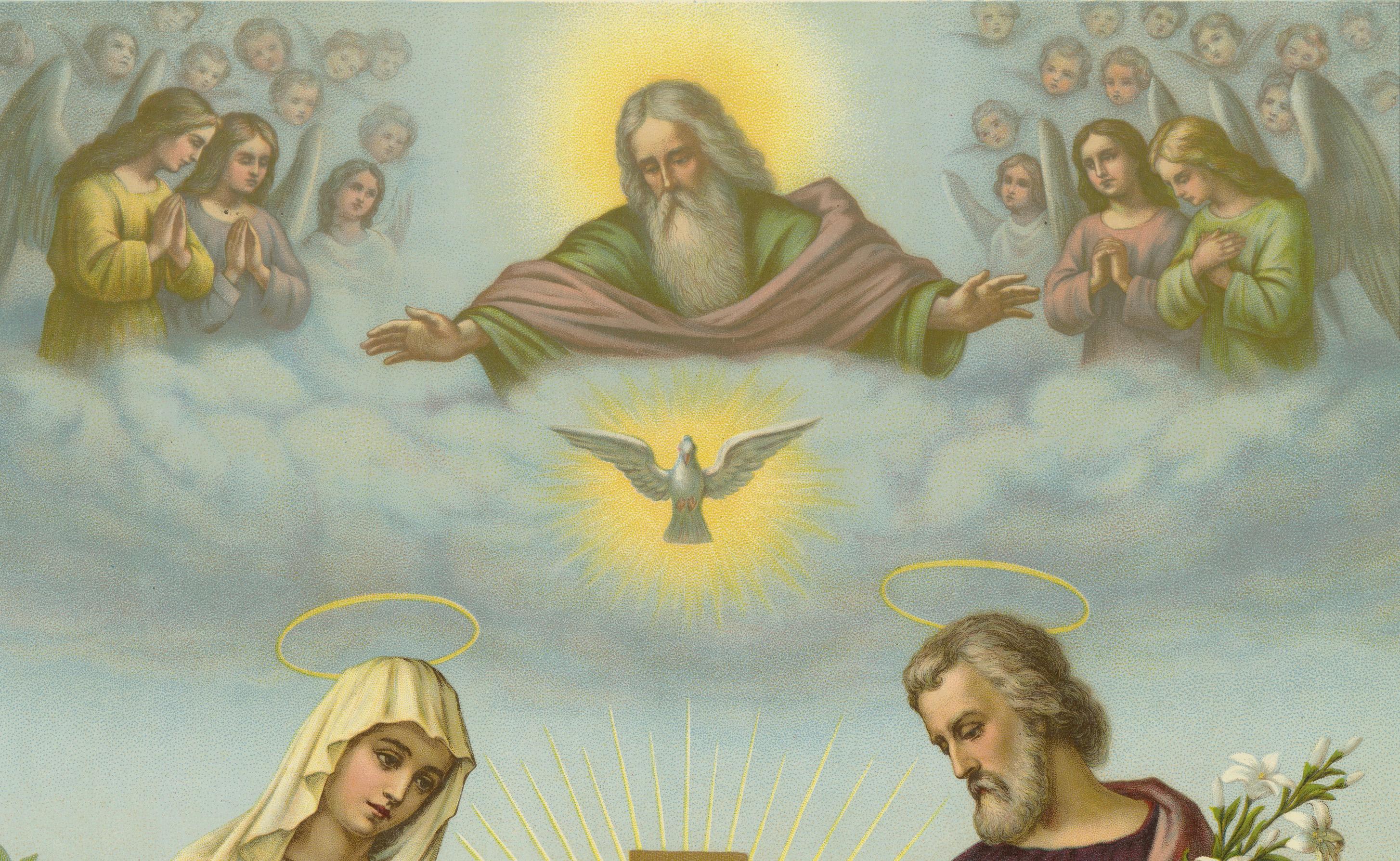 Sainte Famille avec Dieu le Père - Chromolithographie allemande ancienne, 1900 Bon état - En vente à Langweer, NL